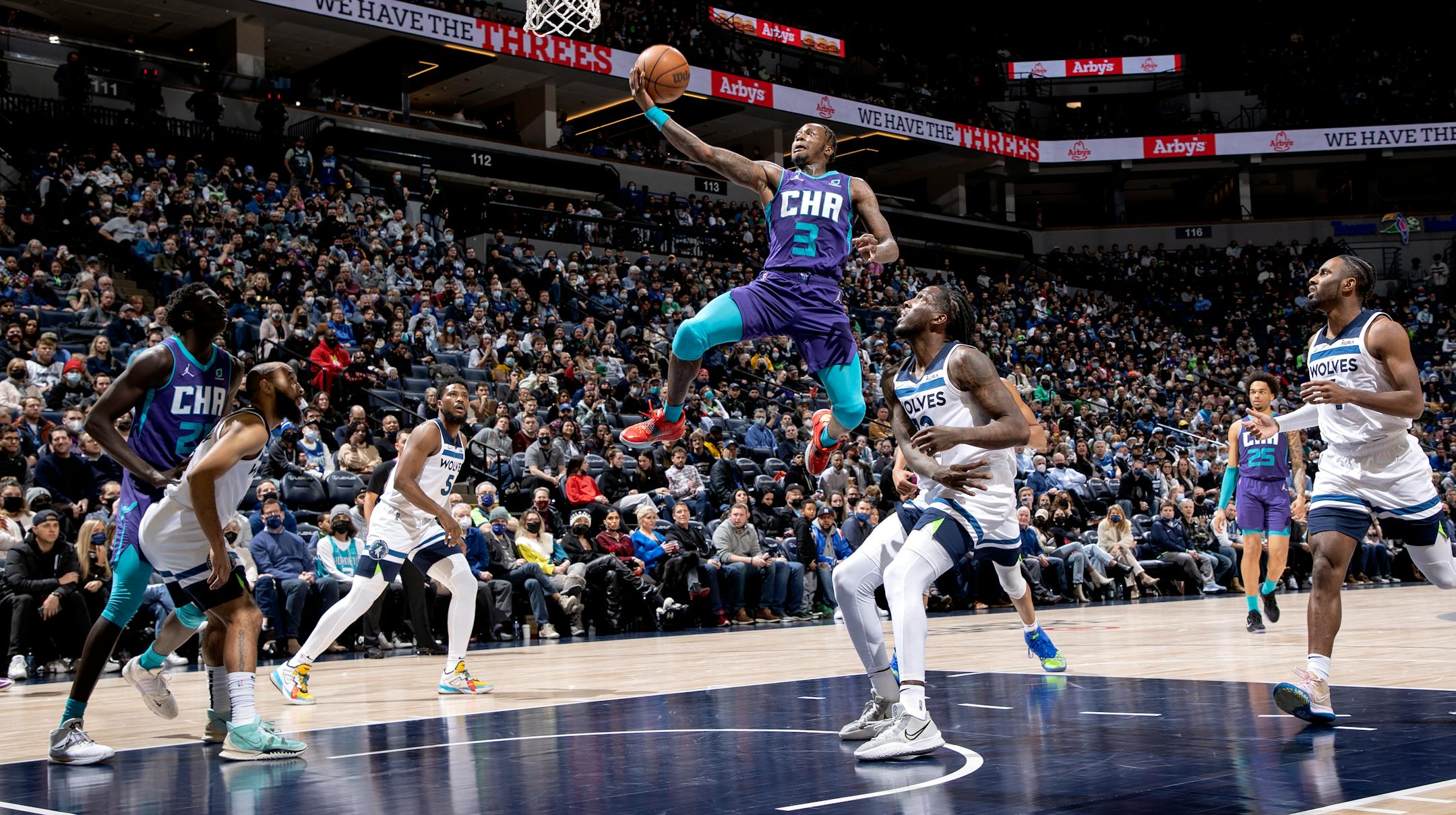Terry Rozier (3) of the Charlotte Hornets drives to the hoop in the third quarter Tuesday, Feb. 15, at Target Center in Minneapolis, Minn. ] CARLOS GONZALEZ • cgonzalez@startribune.com