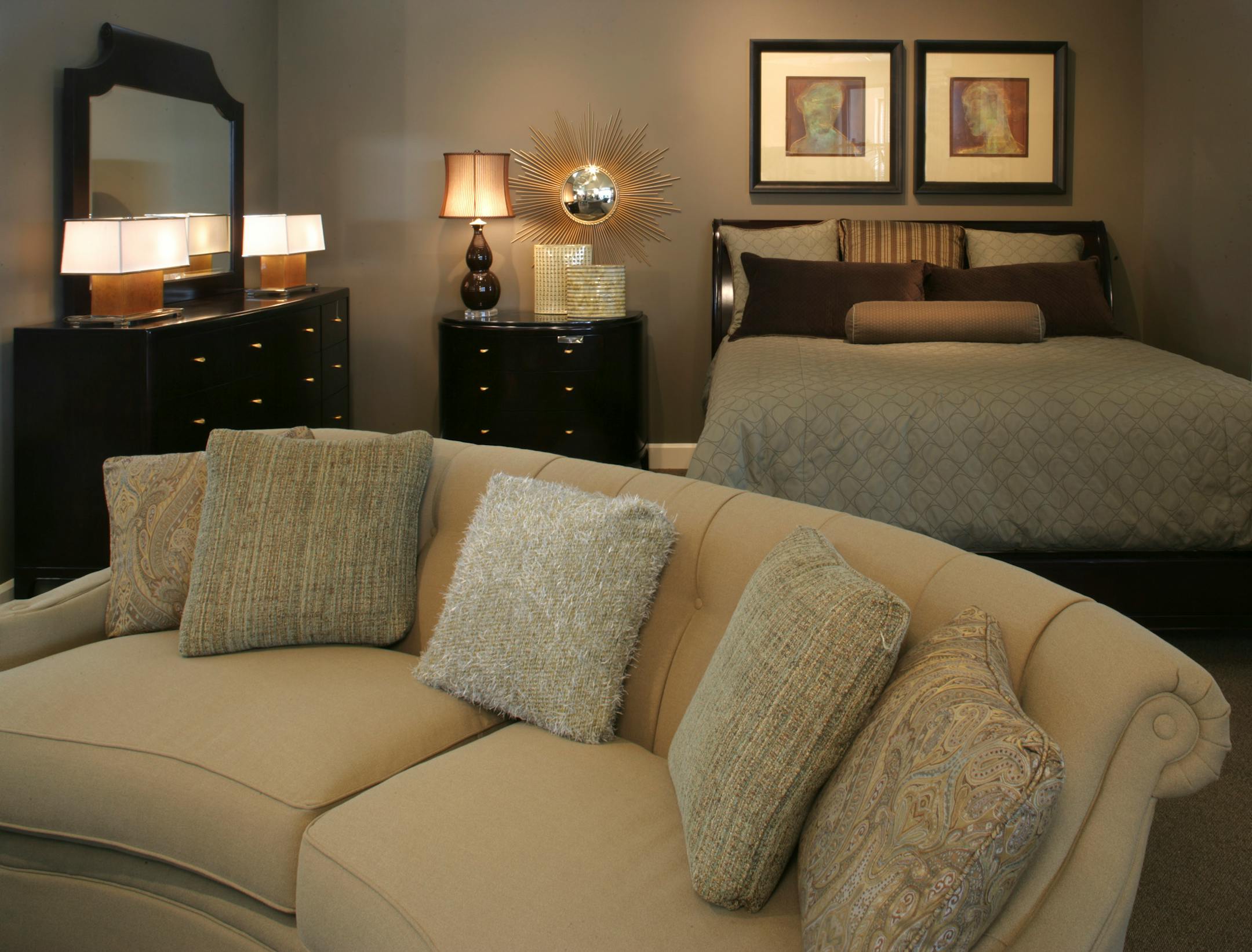 With a more suitable lamp, the room works because it has consistency and finishing touches.