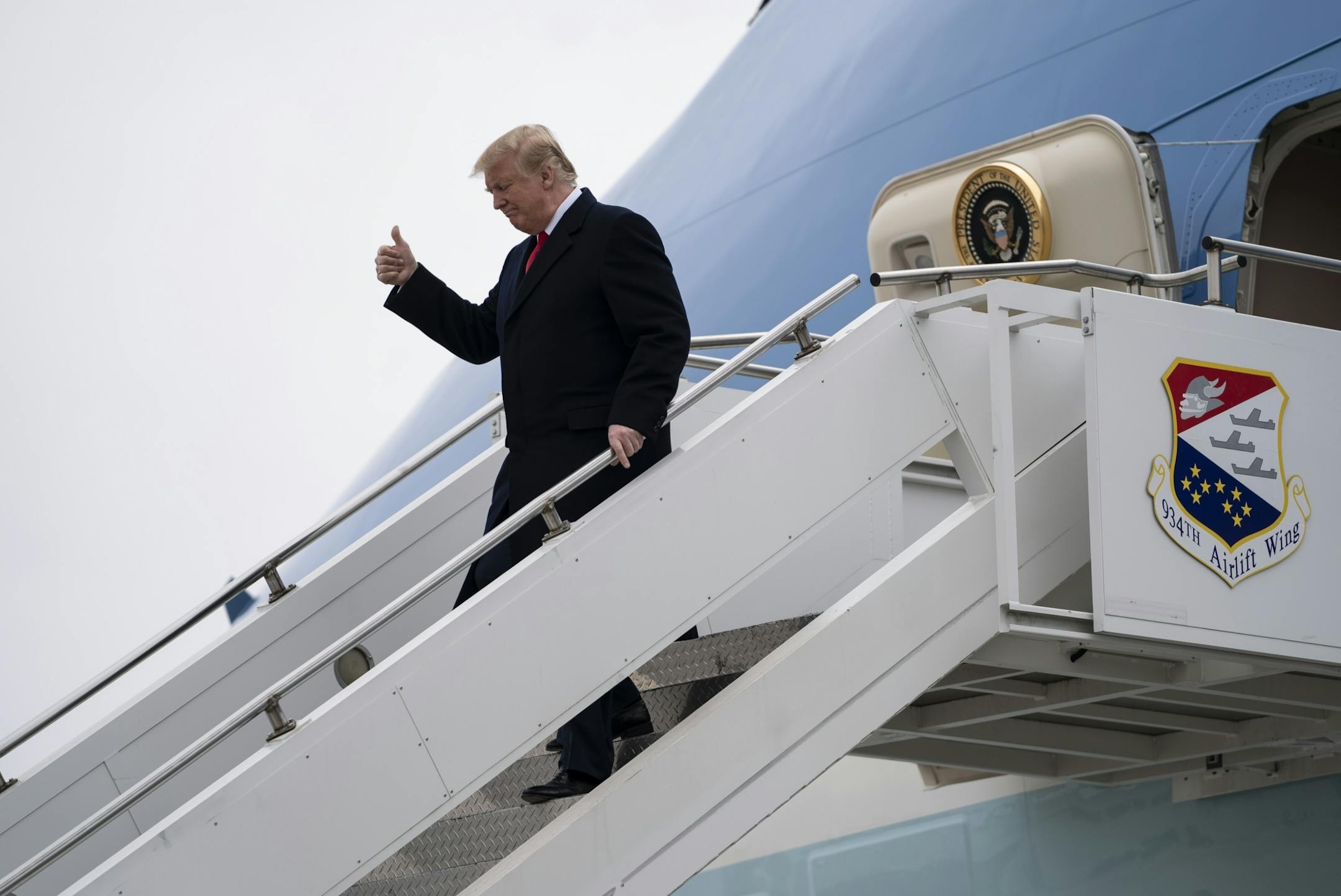 President Donald J. Trump arrived on Air Force One before driving to Nuss Truck and Equipment in Burnsville for a roundtable discussion on tax cuts and the U.S. economy in Burnsville, Minn., on Monday, April 15, 2019.