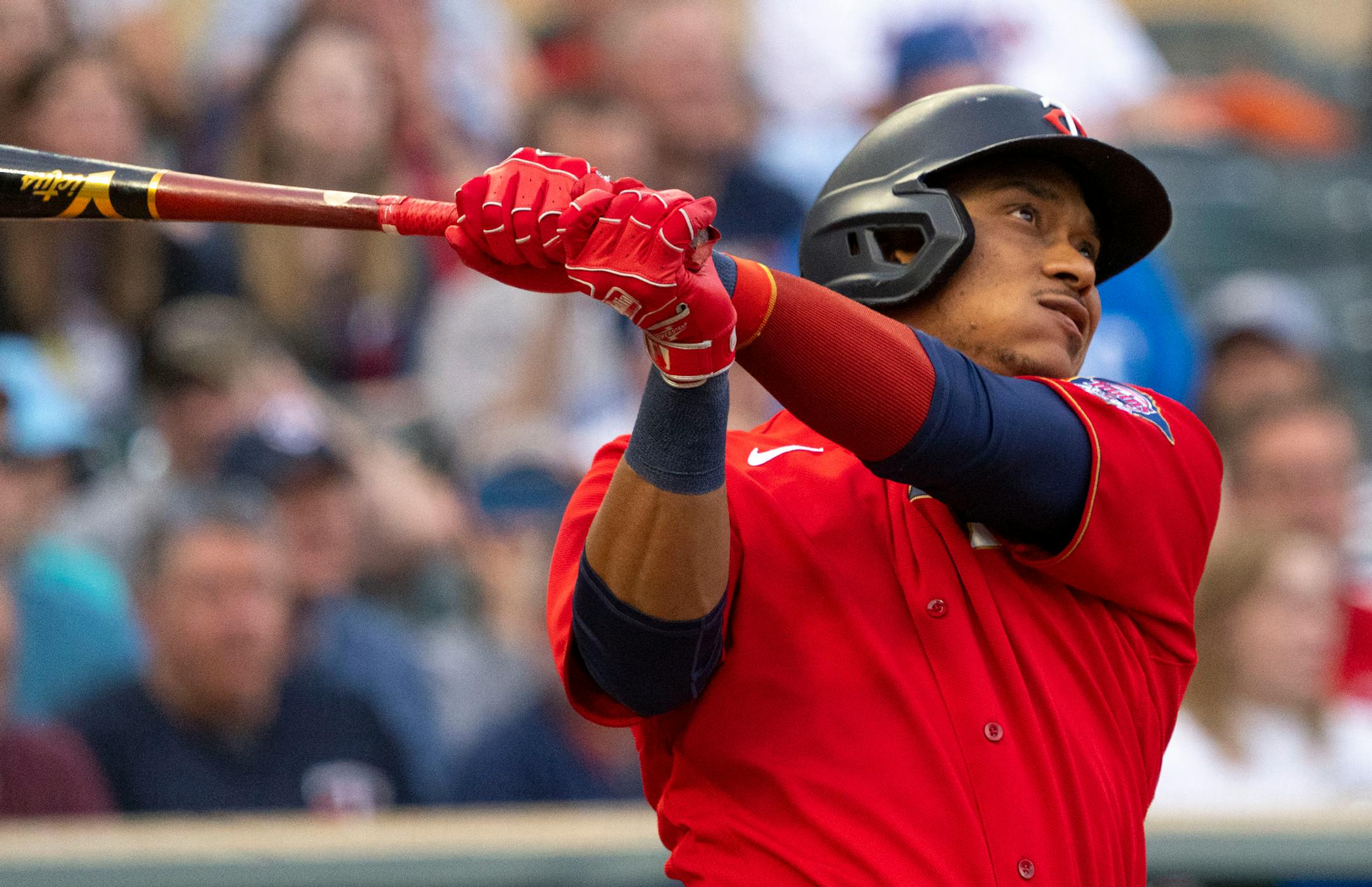 Minnesota Twins second baseman Jorge Polanco (11) hits a home run in the first inning.