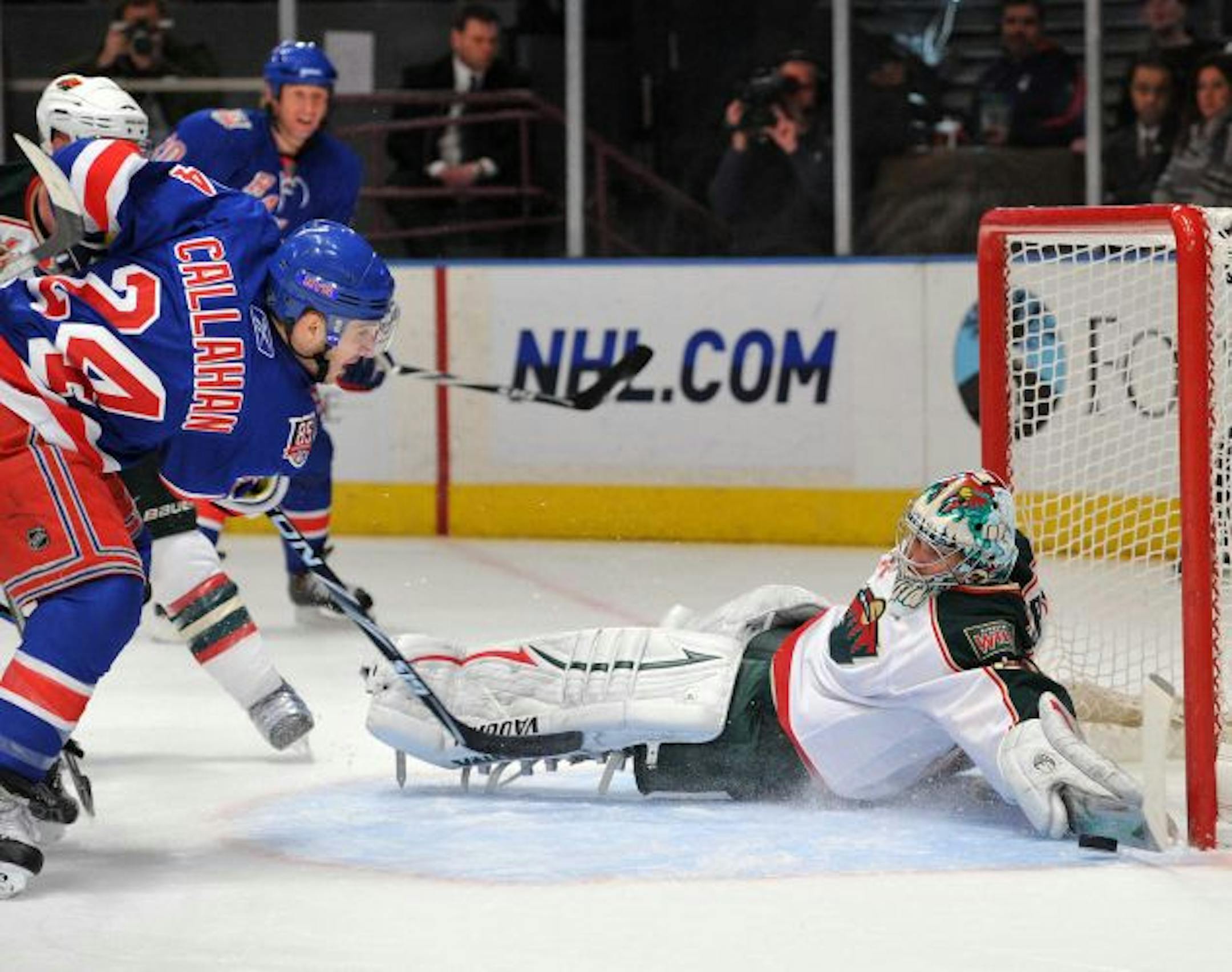 The Rangers' Ryan Callahan was stopped from in close by Wild goalie Jose Theodore during the first period Thursday night at Madison Square Garden.