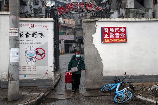A poster advising against the consumption of wild animals in Wuhan, China, on Jan. 22, 2021. A pair of extensive studies released on Feb. 25, 2022, po