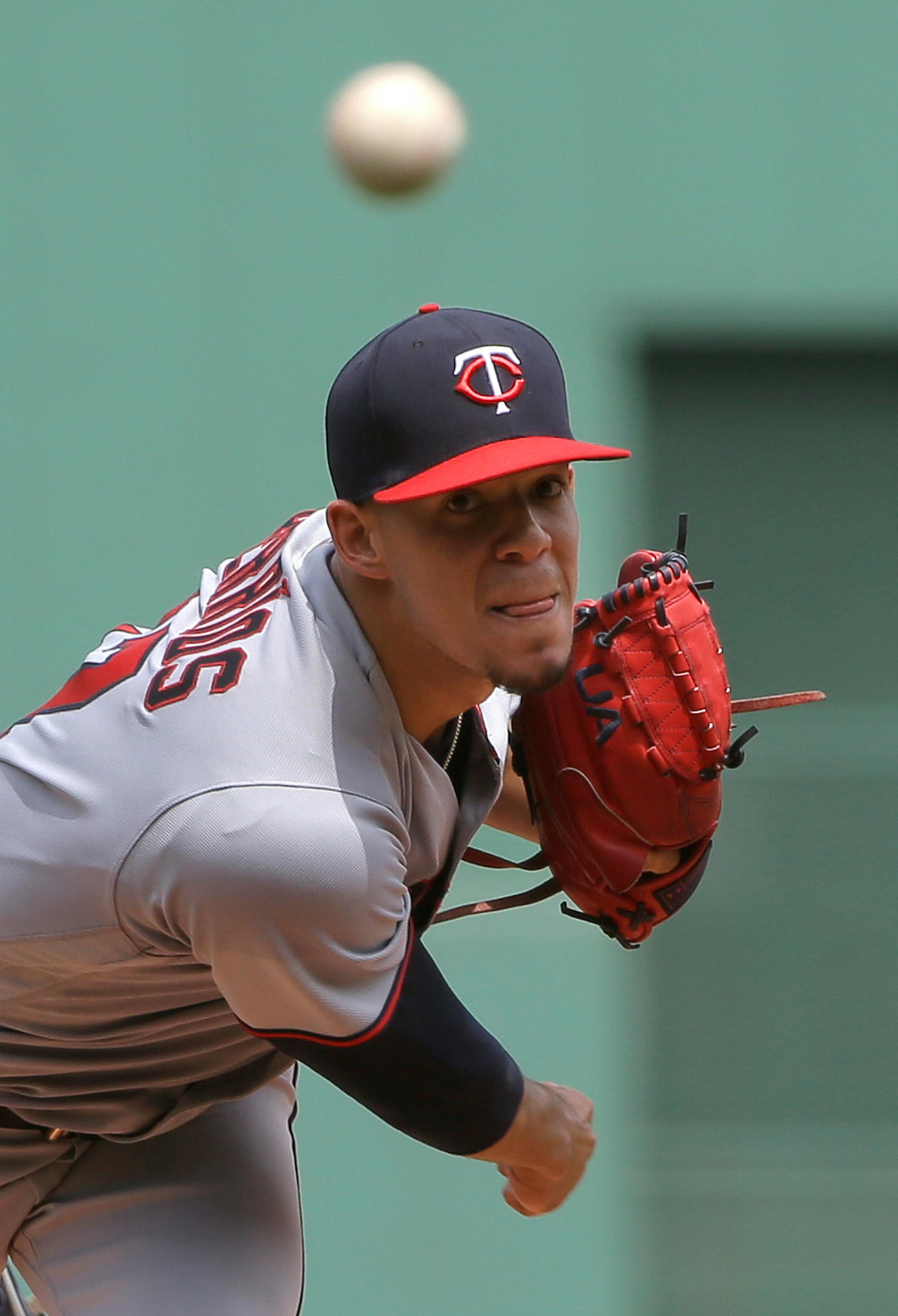 Minnesota Twins' Jose Berrios delivers a pitch against the Minnesota Twins in the first inning of a baseball game, Sunday, July 29, 2018, in Boston. (AP Photo/Steven Senne)