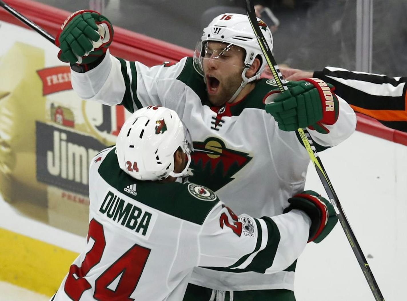 The Wild's Jason Zucker, right, celebrated his goal against the Blackhawks with teammate Matt Dumba last October in Chicago.