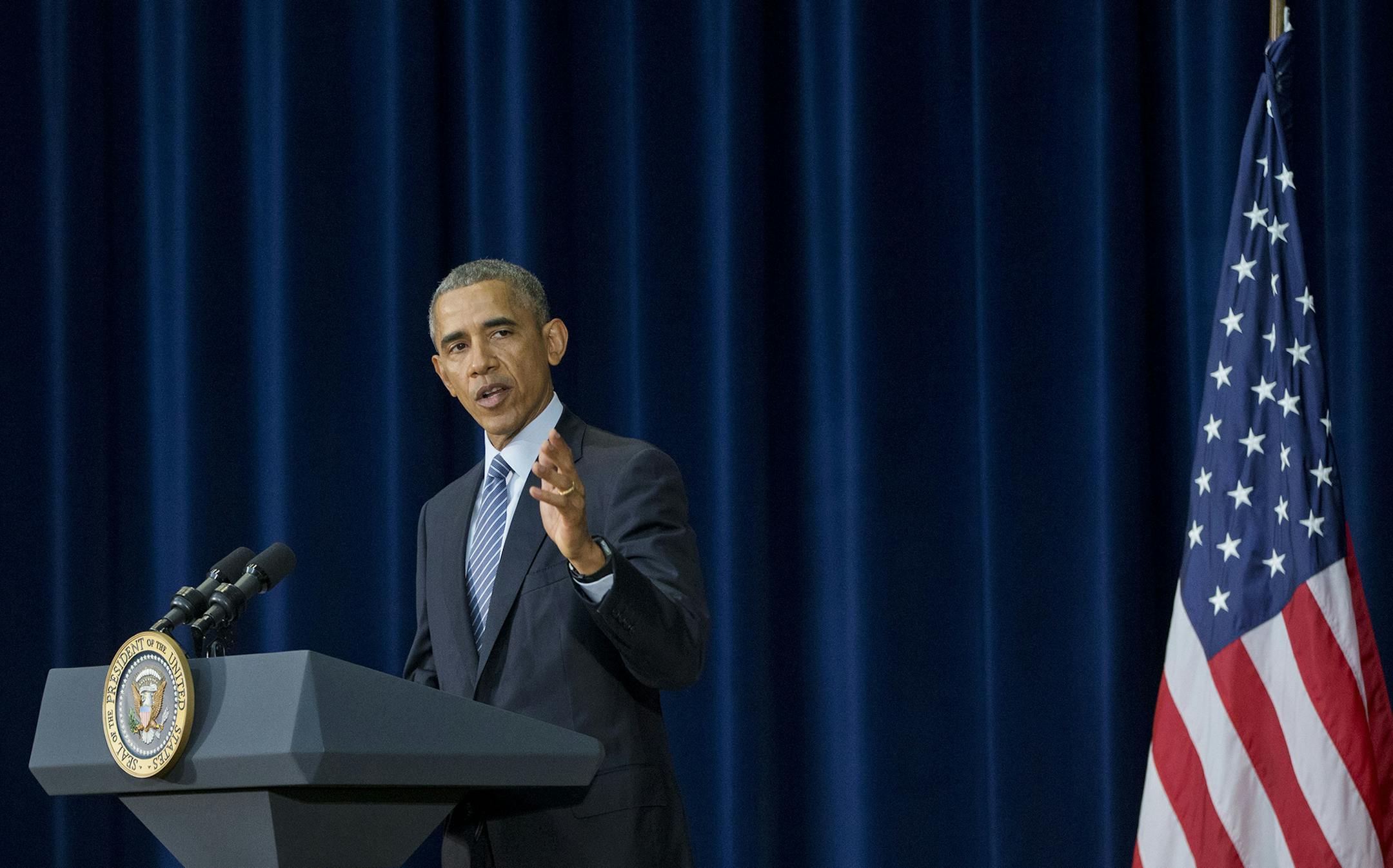 President Barack Obama speaking at the Chief of Missions Conference at the State Department in Washington, Monday, March 14, 2016. Obama says he's confident he can make significant progress on foreign policy in the next 10 months. The President addressed ambassadors and other diplomats recently returned from overseas posts during a conference at the State Department.(AP Photo/Pablo Martinez Monsivais) ORG XMIT: MIN2016031413202435