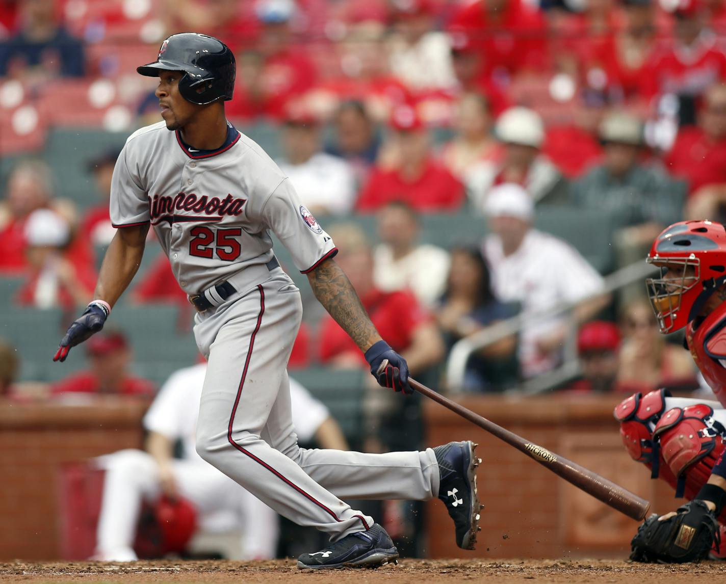 Minnesota Twins' Byron Buxton hits for a single during the eighth inning of a baseball game against the St. Louis Cardinals Tuesday, June 16, 2015, in St. Louis. (AP Photo/Scott Kane)