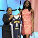 Stanford&#x2019;s Chiney Ogwumike holds up Connecticut Sun jersey with WNBA president Laurel J. Richie after Connecticut named Ogwumike as the No. 1 p