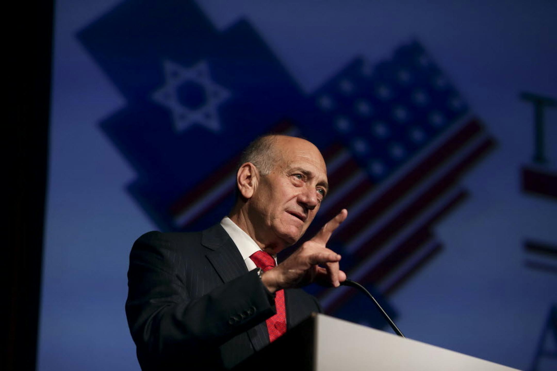 Ehud Olmert, the former Israeli prime minister, speaks during the Jerusalem Post Conference in New York, on April 29, 2012.