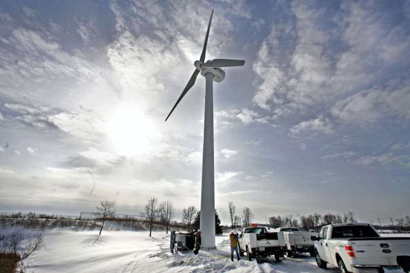 A crew from enXco Energy Services from California inspected a wind turbine in Chaska.