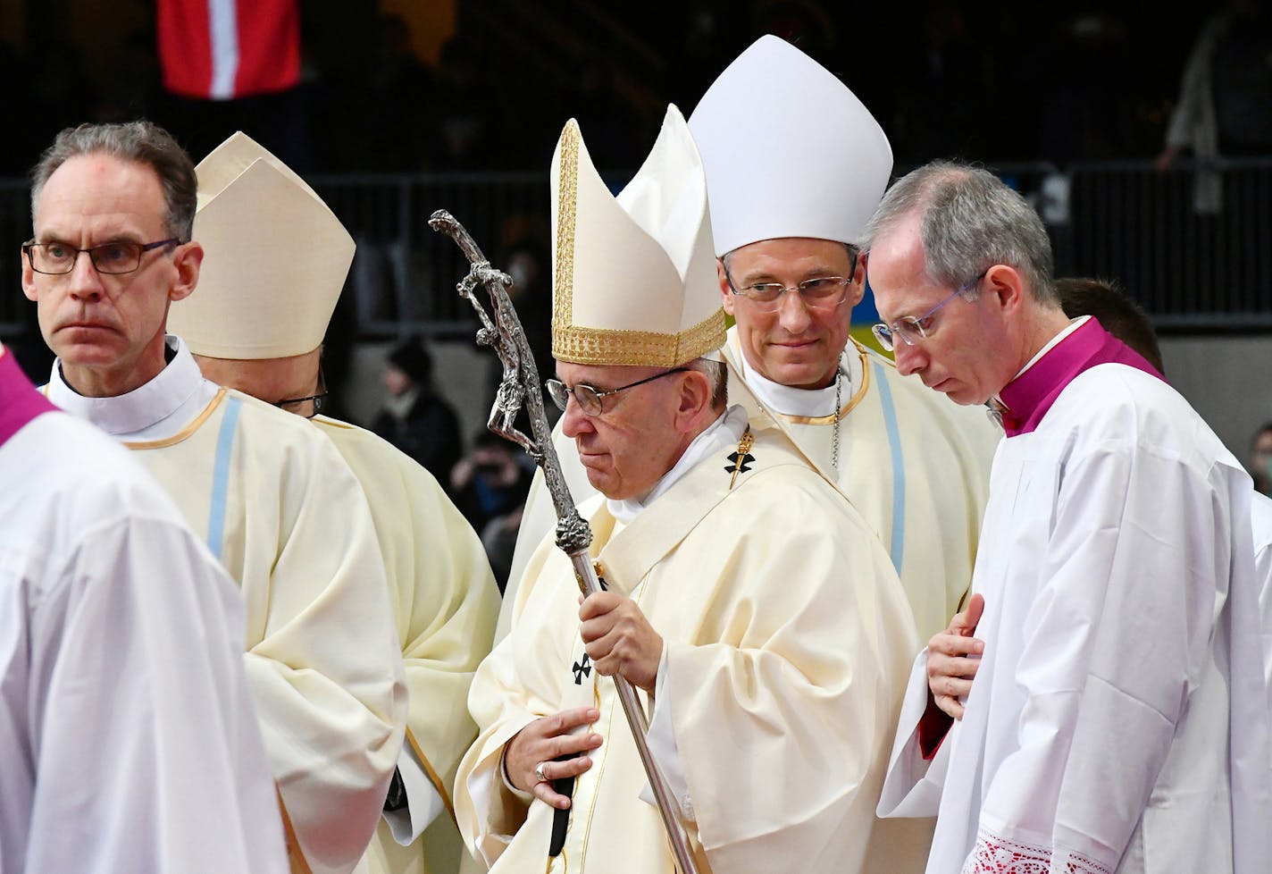 Pope Francis leads a Mass in Malmo, Sweden, where he had traveled for a ceremony ahead of the 500th anniversary of the Protestant Reformation, Nov. 1, 2016. On the flight back to Rome, Francis answered a journalist&#x2019;s question by opining that the Roman Catholic Church&#x2019;s teaching that women cannot be ordained as priests is likely to last forever. (Vincenzo Pinto/Pool via The New York Times) -- FOR EDITORIAL USE ONLY -- ORG XMIT: MIN2016110117064361