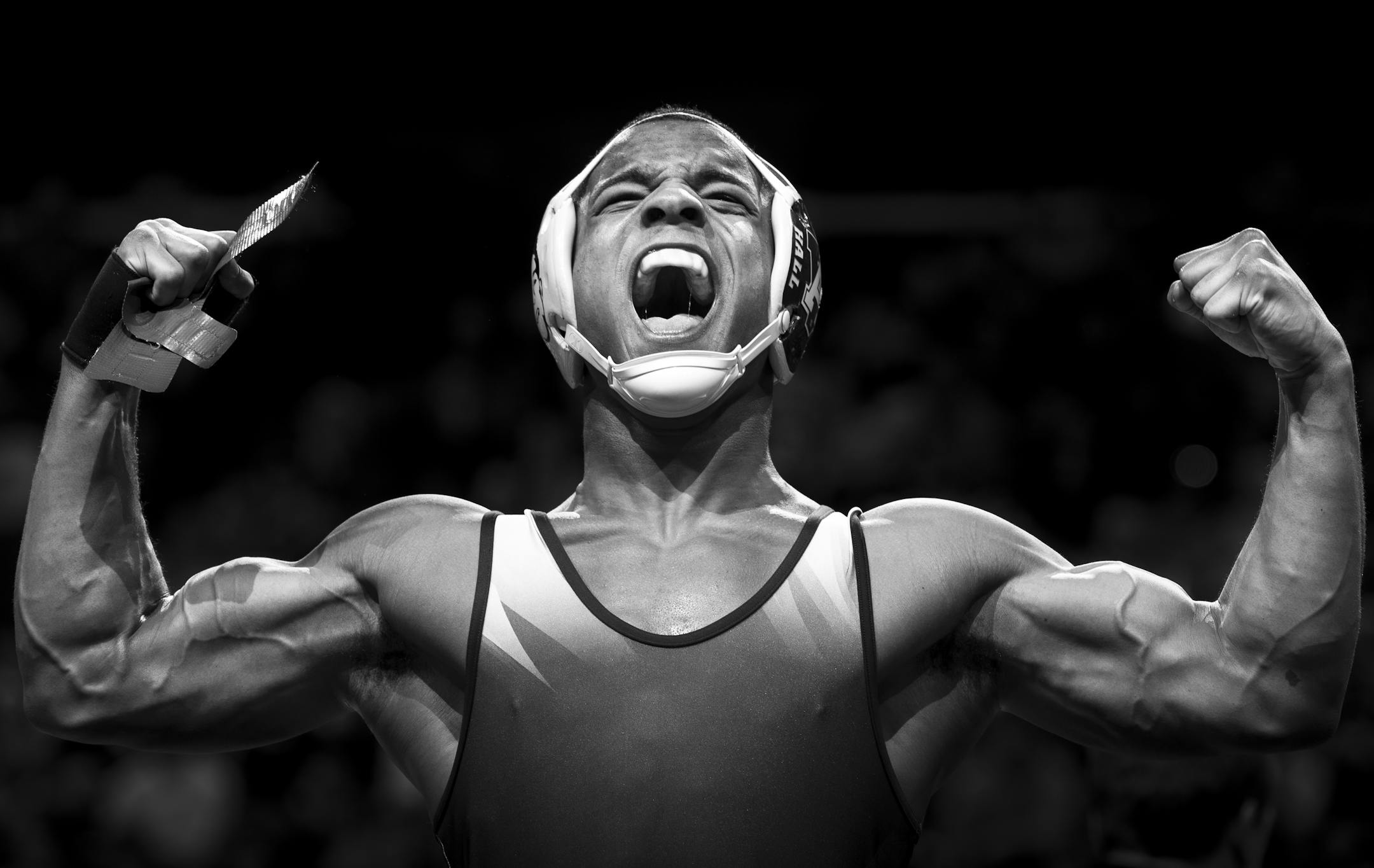 Apple Valley's Mark Hall celebrates after pinning Evan Ronsen of St. Michael-Albertville, in the Class 3A 170 lb. championship match on Feb. 28 in the wrestling state tournament at Xcel Energy Center in St. Paul.