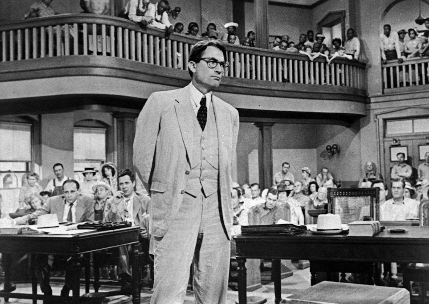 FILE - Gregory Peck is shown as attorney Atticus Finch, a small-town Southern lawyer who defends a black man accused of rape, in a scene from the 1962 movie "To Kill a Mockingbird."