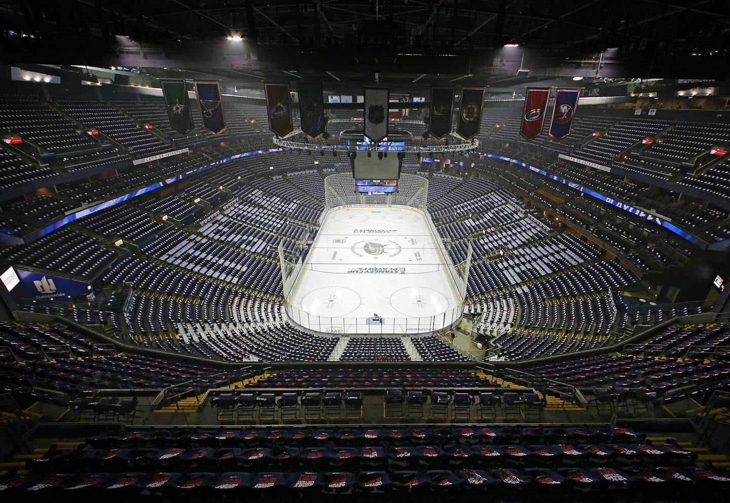 This photo of an empty Nationwide Arena, taken prior to Game 6 of the Stanley Cup playoffs series against the Bruins last May, will likely resemble what awaits all NHL players when the season resumes.