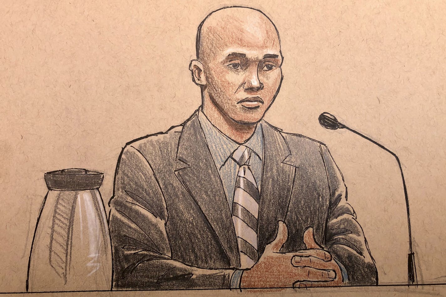 This courtroom sketch Thursday depicts former Minneapolis police officer Mohamed Noor on the witness stand.