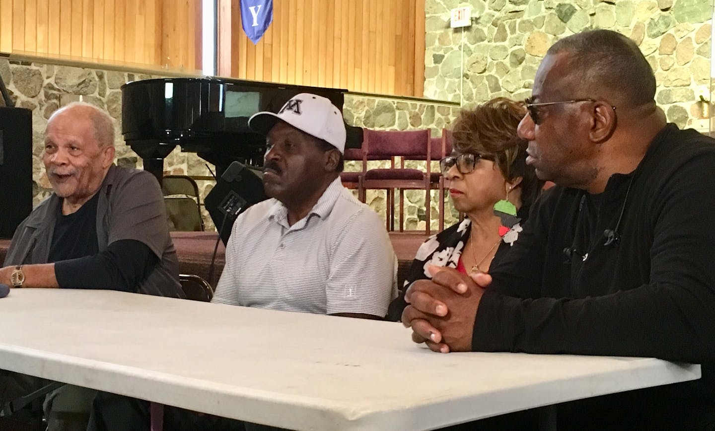 Photo by Jean Hopfensperger: Civil rights leaders Ron Edwards, Spike Moss, Ora Hokes and Tyrone Terrill held a press conference Saturday charging there was a failure of justice in a case involving six African Americans run down at a bus shelter.