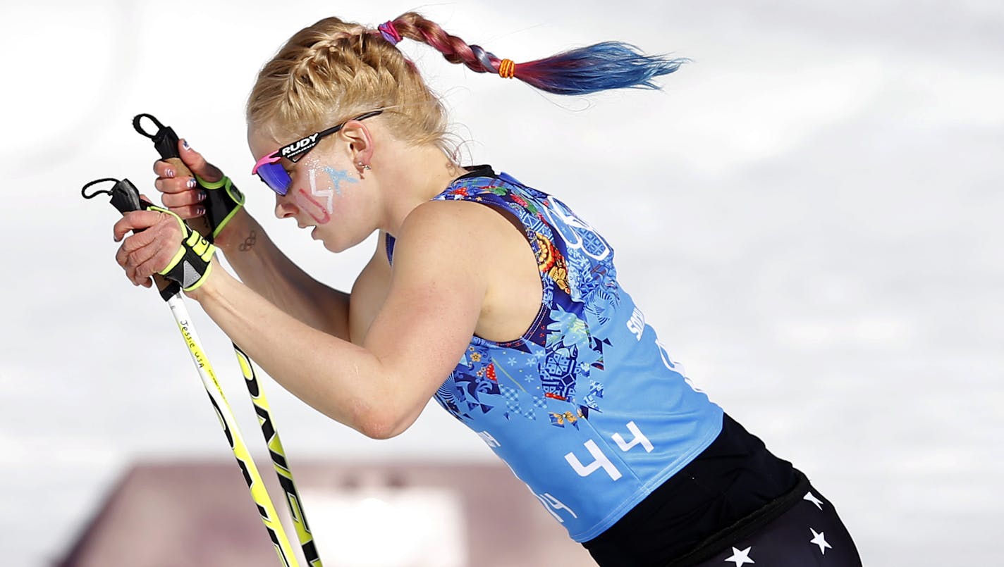 Jessie Diggins of Afton, Minn. anchored Team USA in the Women's 4 x 5km Relay on Saturday at the Laura Cross-country Ski and Biathlon Center. The United States team of Kikkan Randall (Anchorage, Alaska), Sadie Bjornsen (Winthrop, Wash.), Liz Stephen (East Montpelier, Vt.) and Jessica Diggins (Afton, Minn.) placed ninth in the women's 4x5km relay at the Laura Cross-Country Ski and Biathlon Center in Sochi's Mountain Cluster Saturday afternoon. Their time of 55:33.4 was 2:30.7 behind the winning t