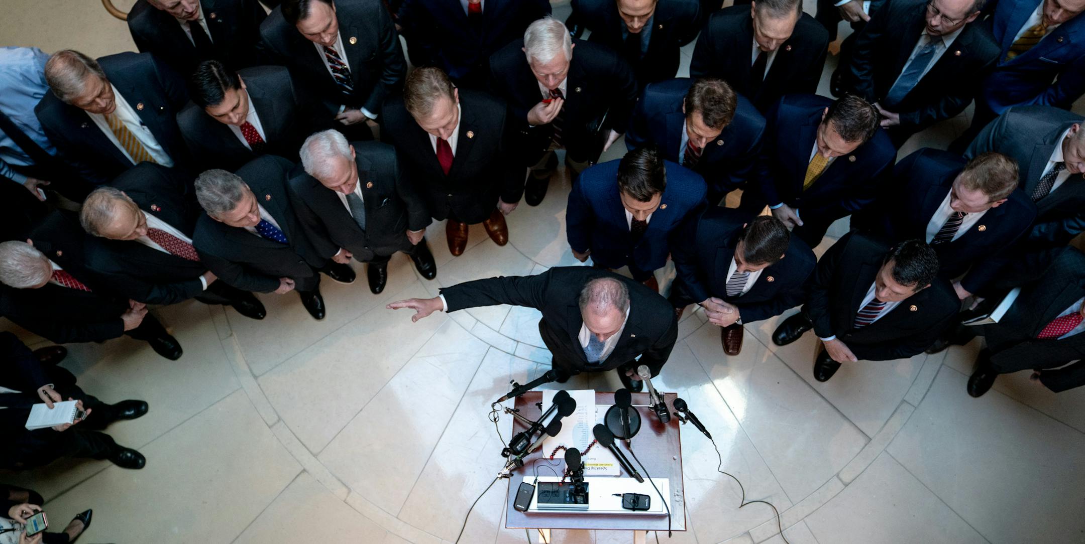Rep. Steve Scalise (R-La.) and other House Republicans speak outside the secure room where impeachment investigation interviews are taking place on Capitol Hill in Washington on Wednesday, Oct. 23, 2019. House Republicans delayed a Defense Department official’s deposition to impeachment investigators for hours, after storming the secure House Intelligence Committee suite and refusing to leave. (Erin Schaff/The New York Times)