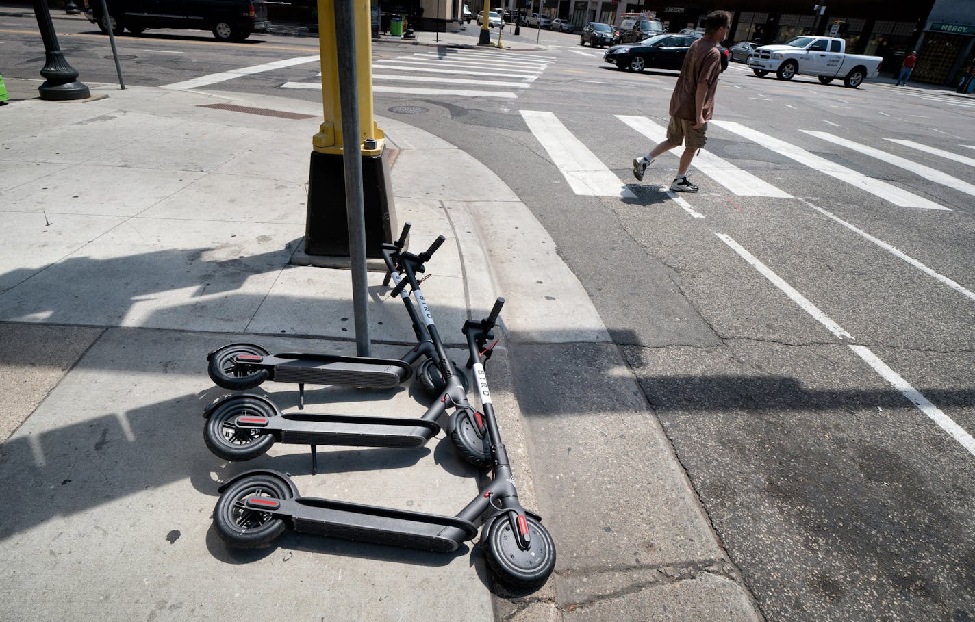 Three Bird scooters were on the sidewalk at 9th and Hennepin in downtown Minneapolis. ] GLEN STUBBE &#xef; glen.stubbe@startribune.com Tuesday, July 10, 2018 Minneapolis council takes up regulation of scooters, on the same morning Bird strategically placed the scooters around downtown. What do people think of the newest ride share? (intern Chris Bowling, 513-907-3988) What's Happening at this time: Please download the Bird app. Search for Bird scooter and it's a black and white logo. When you do