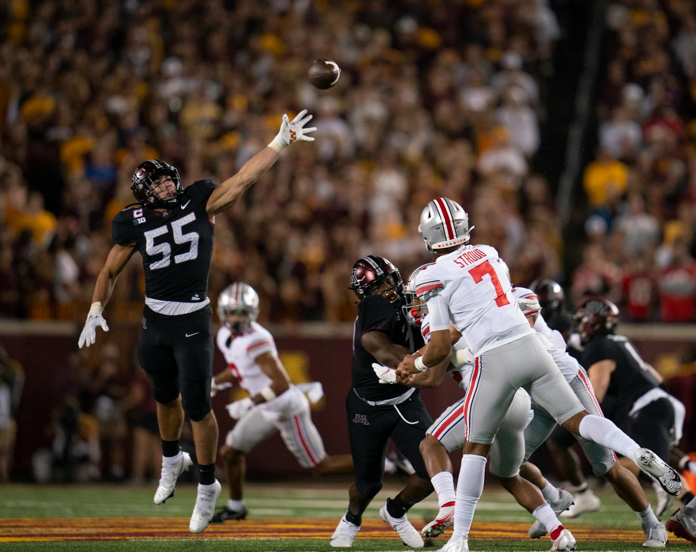 Ohio State Buckeyes quarterback C.J. Stroud (7) threw a second quarter interception as Minnesota Gophers linebacker Mariano Sori-Marin (55) defended. ] JEFF WHEELER • jeff.wheeler@startribune.com