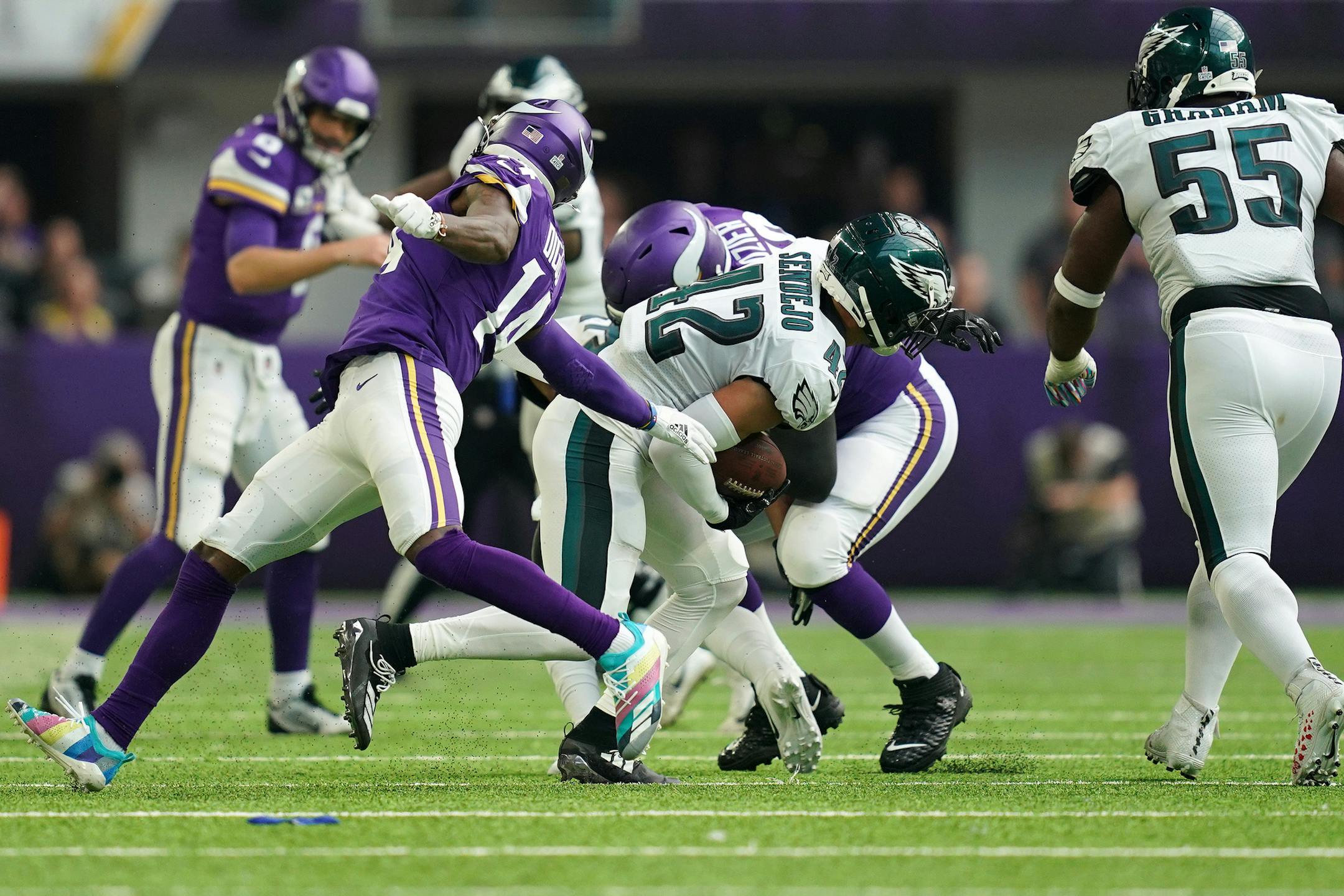 Minnesota Vikings wide receiver Stefon Diggs (14) tried to stop Philadelphia Eagles strong safety Andrew Sendejo (42) after he grabbed an interception in the second quarter. ] ANTHONY SOUFFLE &#x2022; anthony.souffle@startribune.com The Minnesota Vikings played the Philadelphia Eagles in an NFL game Sunday, Oct. 13, 2019 at U.S. Bank Stadium in Minneapolis.