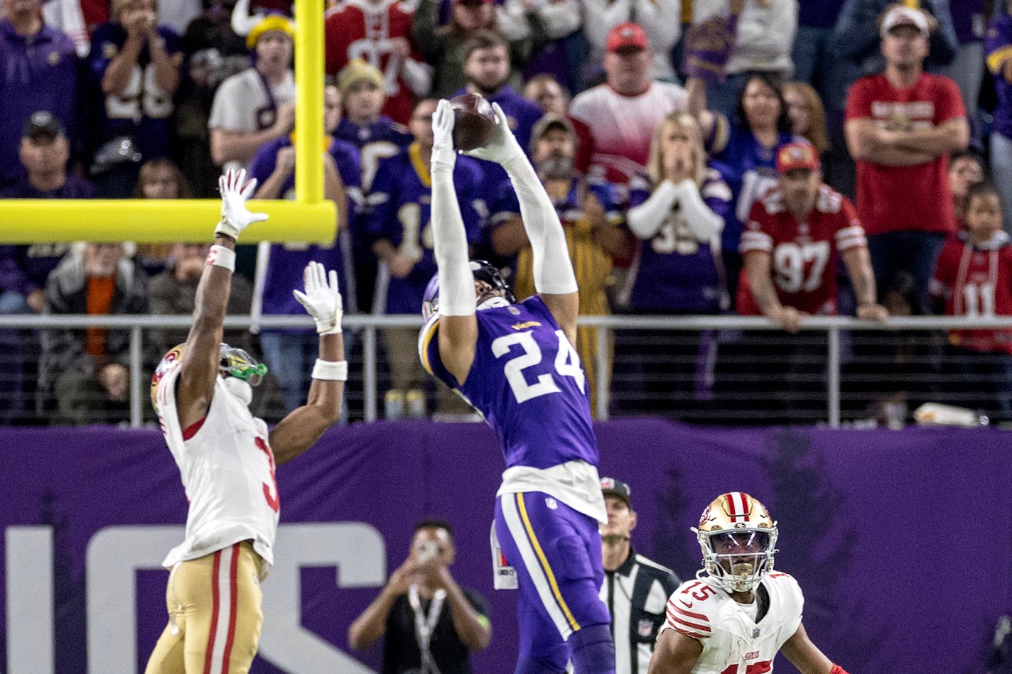 Minnesota Vikings safety Camryn Bynum (24) intercepts a pass in the final minute of the fourth quarter Monday, October 23, 2023, at U.S. Bank Stadium in Minneapolis, Minn. ] CARLOS GONZALEZ • carlos.gonzalez@startribune.com