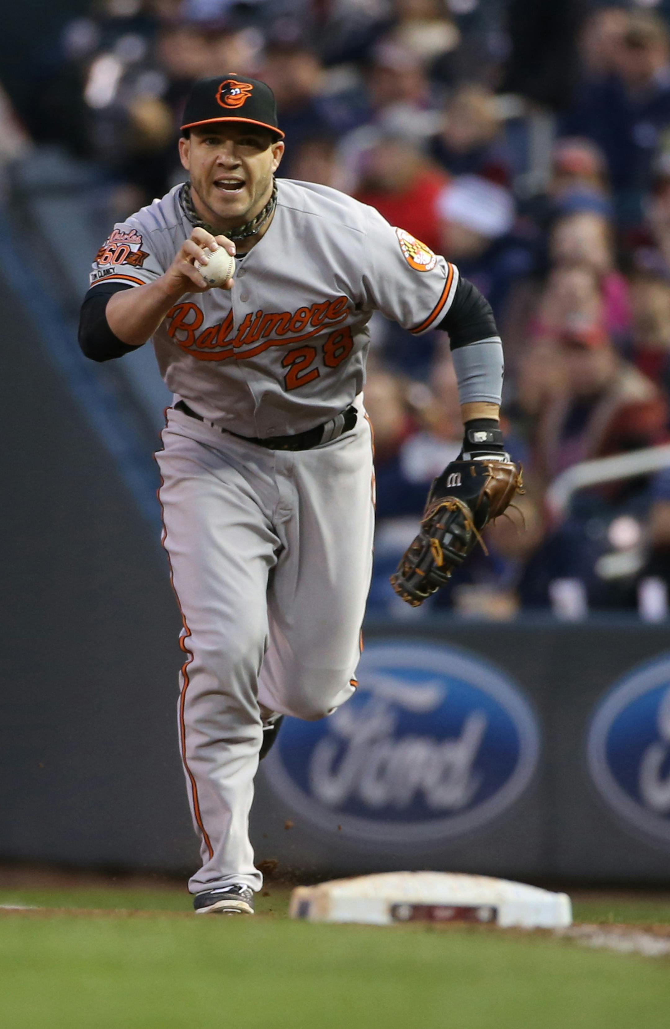 Orioles Steve Pearce ran to first base to take the out himself in the fourth inning ] (KYNDELL HARKNESS/STAR TRIBUNE) kyndell.harkness@startribune.com Twins vs Orioles at Target Field in Minneapolis, Min., Friday, May 2, 2014.