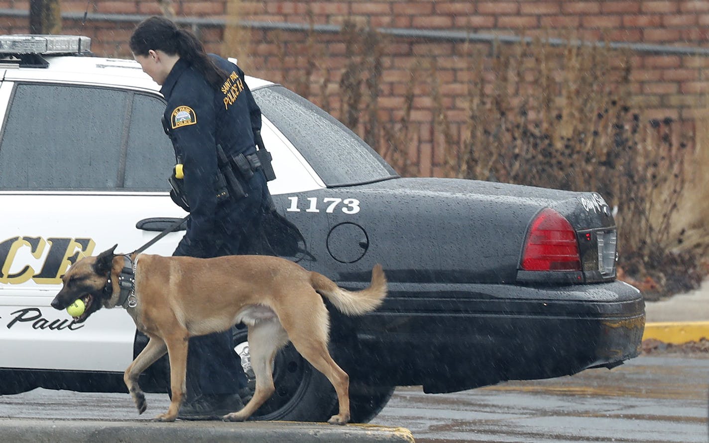 A St. Paul Police office cleared the scene at The St. Paul Jewish Community Center after it was evacuated after receiving a bomb threat Monday February 20, 2017 in St.Paul, MN.] JERRY HOLT &#xef; jerry.holt@startribune.com