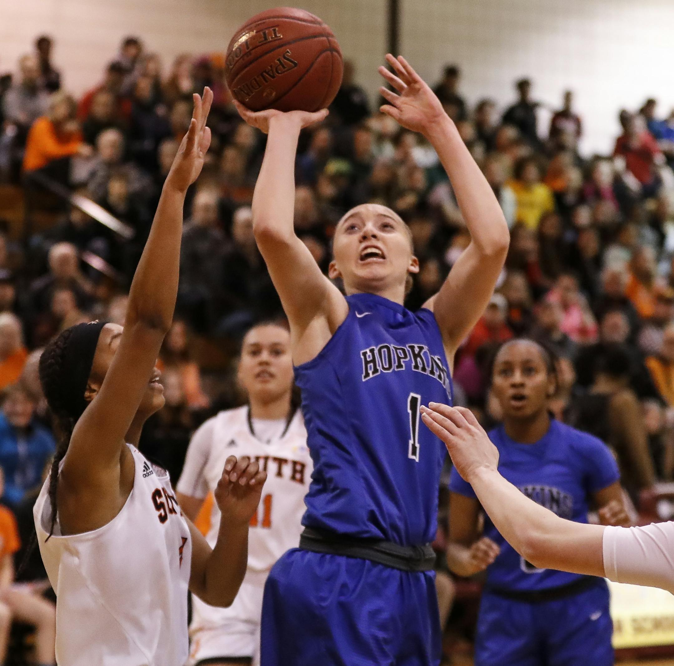 Hopkins guard Paige Bueckers went for a shot in the first half. ] RENEE JONES SCHNEIDER • renee.jones@startribune.com Hopkins verses Minneapolis South in the girls basketball Class 4A, Section 6 final in Minneapolis, Minn., on Thursday, March 8, 2018. Hopkins won 95-62