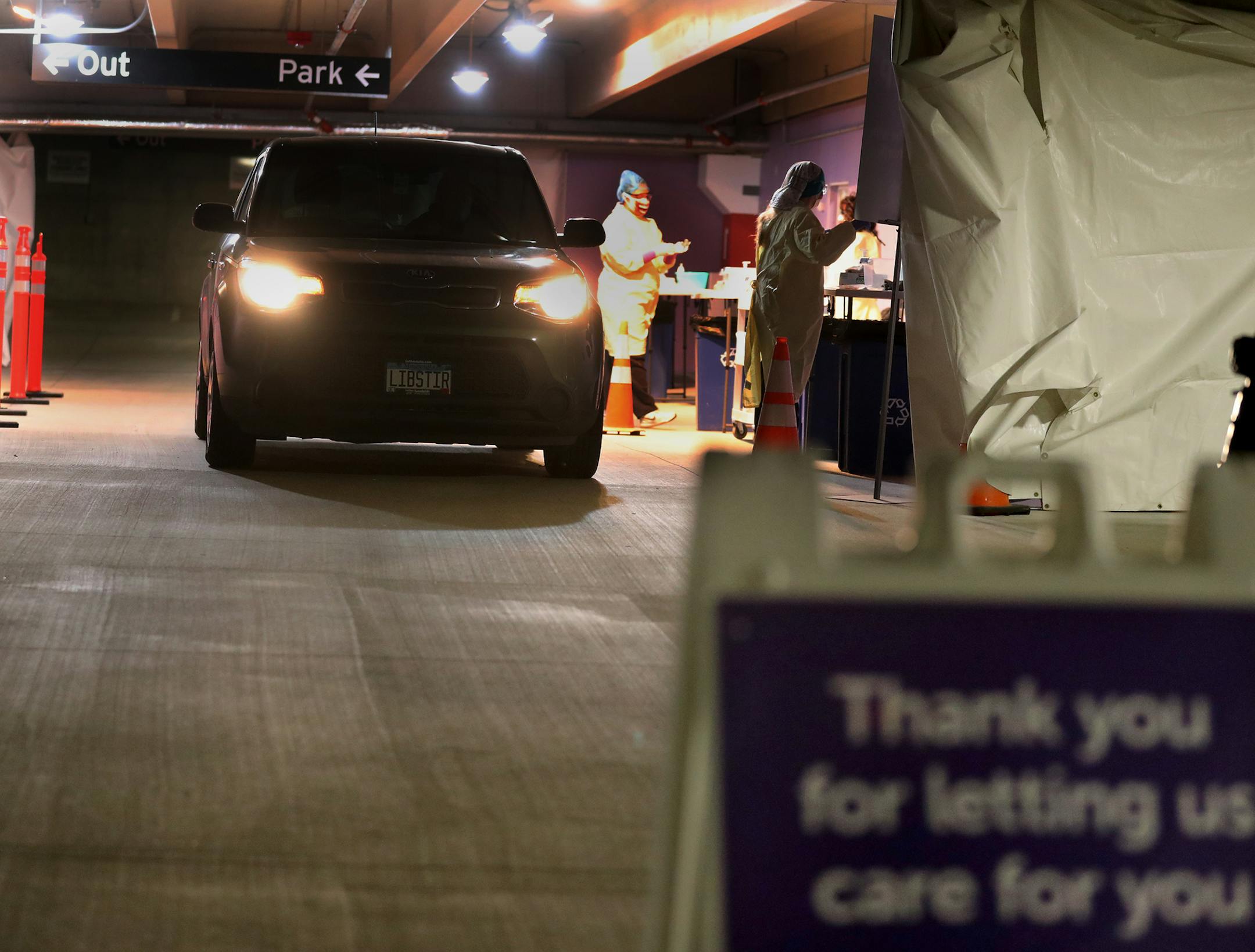 HealthPartners began its transition to indoor and winterized drive-up COVID testing sites across the Twin Cities and western Wisconsin, including in the HealthPartners corporate headquarters parking ramp where a person who got tested drove off Wednesday in Bloomington. ] DAVID JOLES • david.joles@startribune.com
