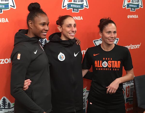 Rebekkah Brunson (from left), Diana Taurasi and Sue Bird -- the WNBA's all-time leaders, respectively, in rebounds, points and assists.