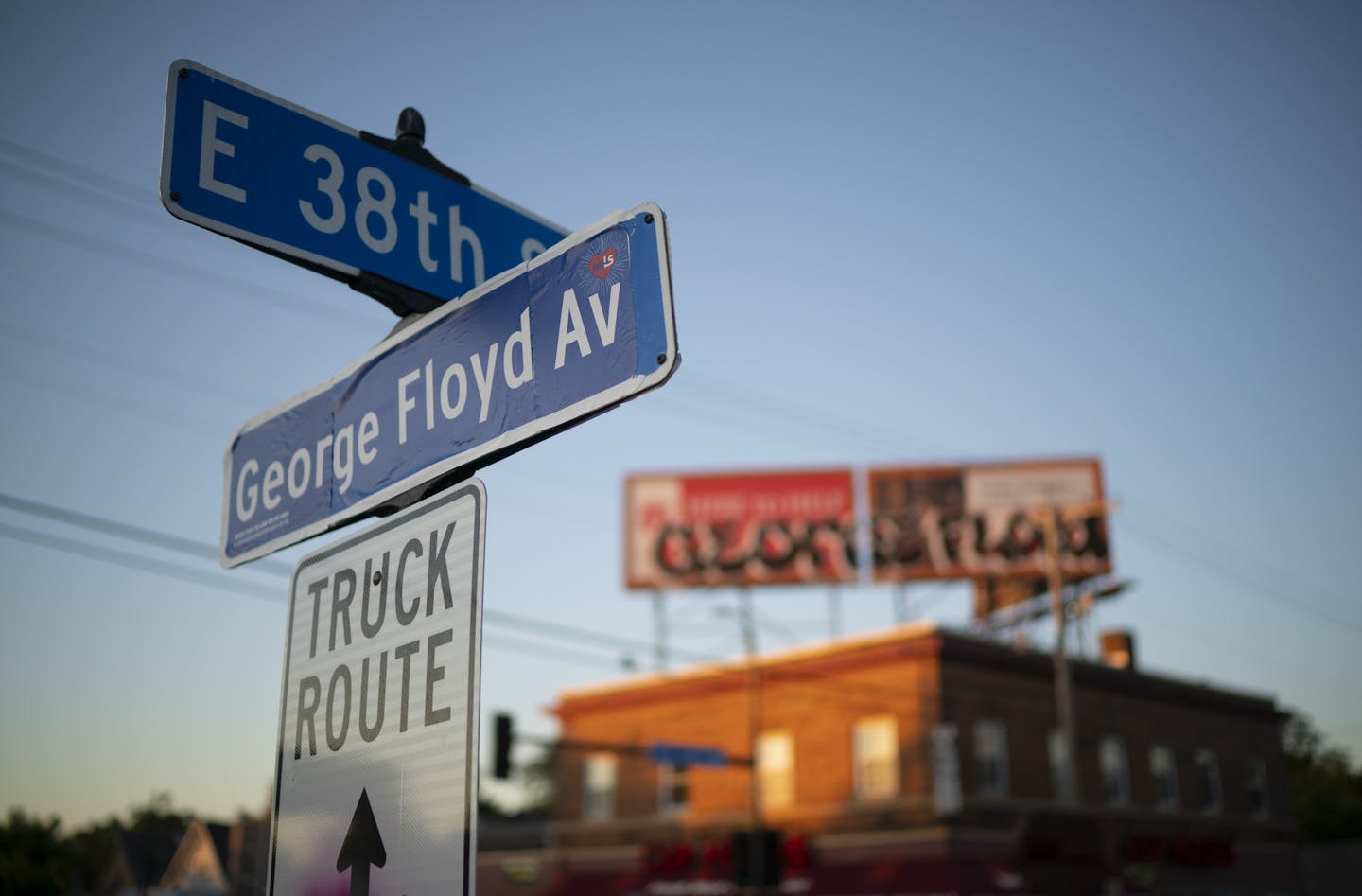 An altered street sign is part of the evolving memorial to George Floyd at 38th & Chicago Ave. S. Wednesday night. ] JEFF WHEELER • Jeff.Wheeler@startribune.com Pastor Curtis Farrar's church, Worldwide Outreach for Christ, on the SW corner of 38th and Chicago has been there for 38 years. Pastor Farrar led bible study Wednesday night, June 24, 2020.