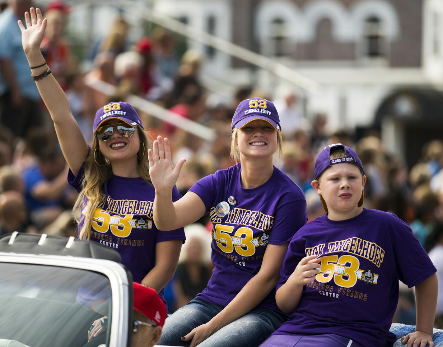 Family of Mick Tingelhoff rode in the parade behind their grandfather. ] The 2015 NFL Hall of Fame Grand Parade in downtown Canton, OH. The parade featured the Class of 2015 Enshrinees - Jerome Bettis, Tim Brown, Charles Haley, Bill Polian, the family of Junior Seau, Will Shields, Mick Tingelhoff, and Ron Wolf - and many returning Hall of Famers. Specialty units, giant helium balloons, fabulous floats and marching bands will dazzle the crowd. Brian.Peterson@startribune.com Canton, OH - 8/7/2015