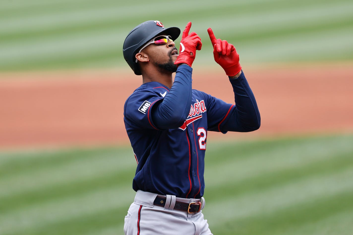 Byron Buxton celebrates after hitting a solo home run against the Cleveland Indians at Progressive Field on April 28.