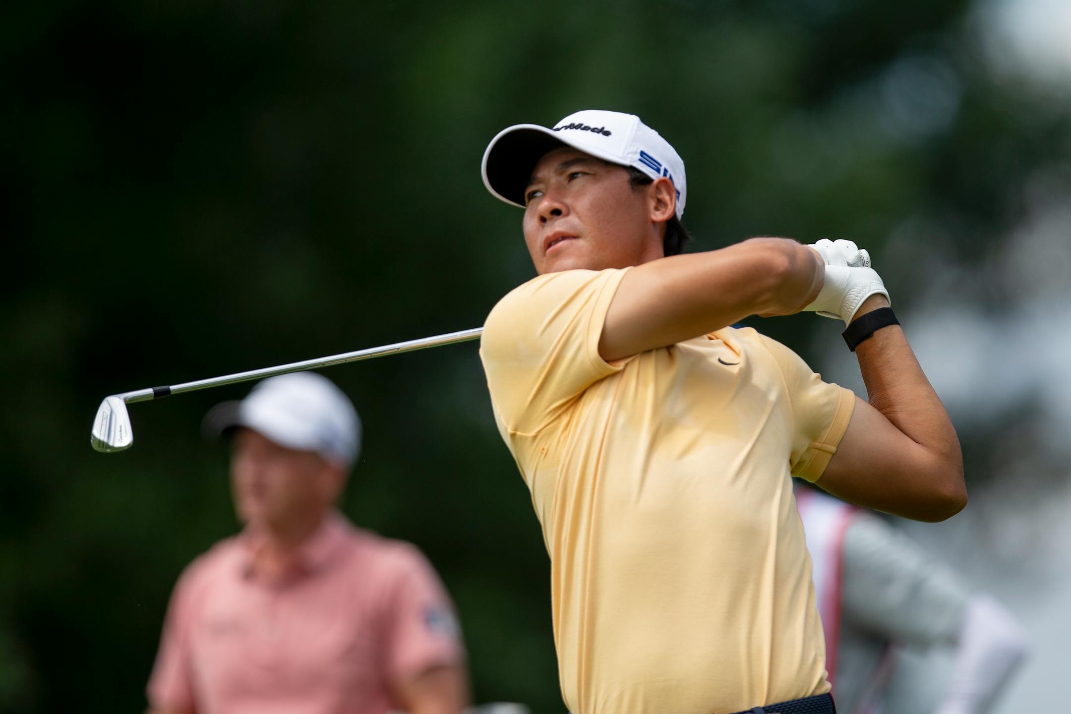 Xinjun Zhang tees on the 10th hole during the final round of the 3M Open golf tournament in Blaine, Minn., Sunday, July 26, 2020. (AP Photo/Andy Clayton- King)