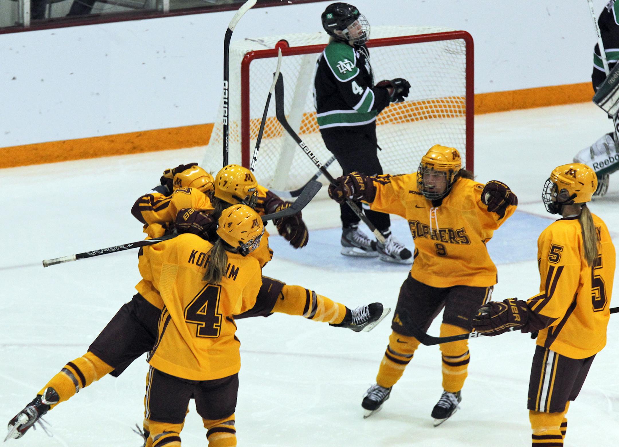 Gophers women's hockey players celebrate a goal, which turned out to be disallowed, during Saturday's WCHA Final Faceoff victory over North Dakota. The Gophers won 2-0 and the teams play again Saturday in the NCAA quarterfinals.