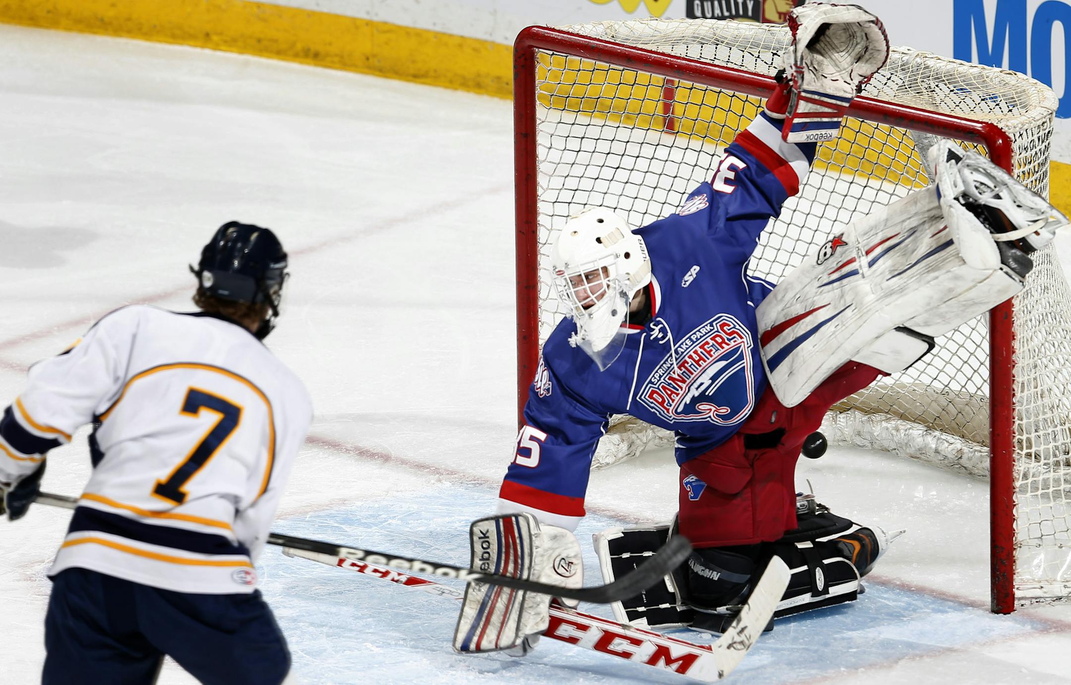 Ryan Kero (7) of Hermantown shot the puck past Spring Lake Park goalie Aaron Furlano (35) for a goal in the first period. ] CARLOS GONZALEZ cgonzalez@startribune.com, March 4, 2015, St. Paul, MN, Xcel Energy Center, Minnesota boys hockey state tournament quarterfinals, Class 1A, Hermantown vs. Spring Lake Park