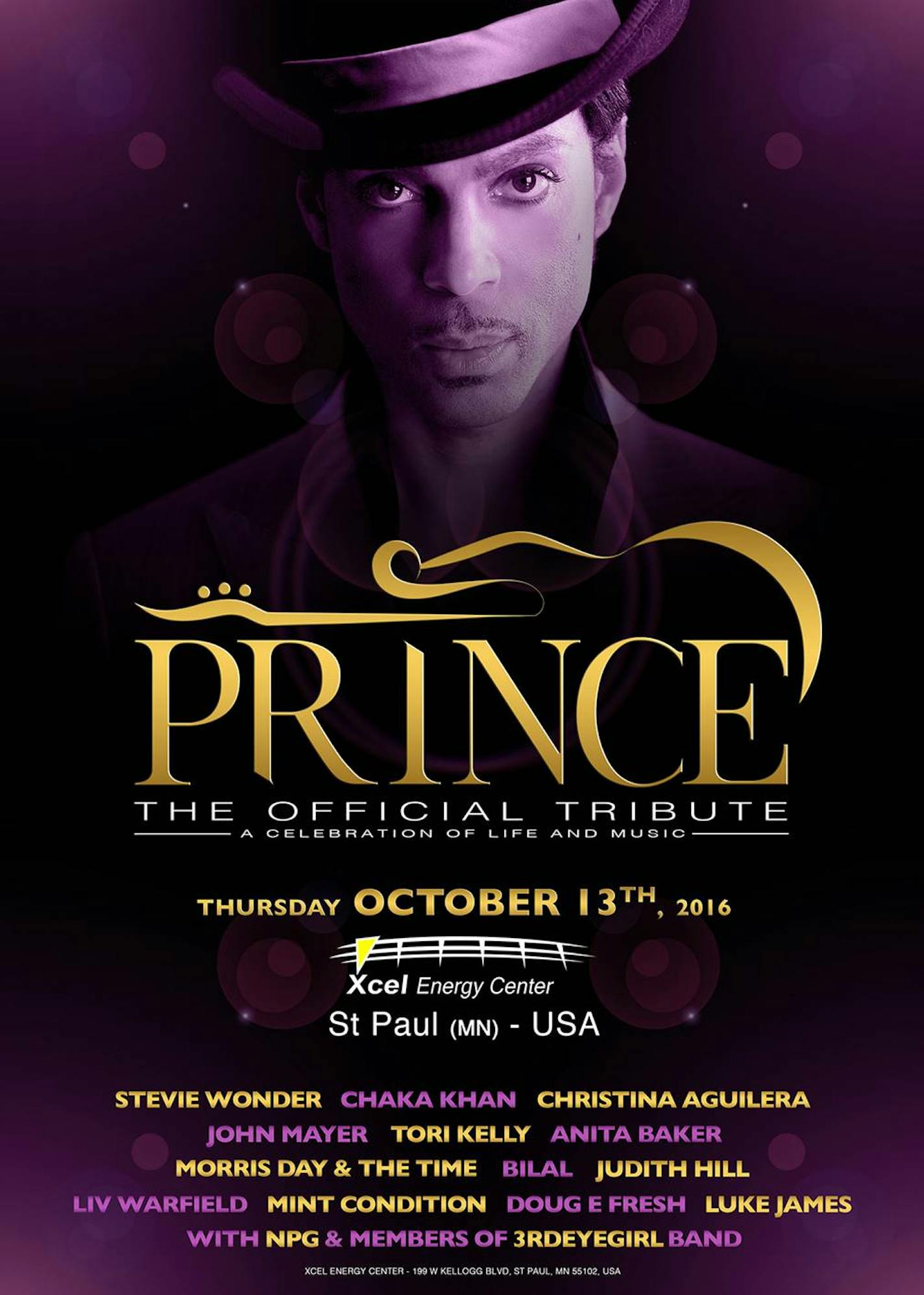 Concert organizers released on Thursday this poster promoting the Prince tribute show, now set for Xcel Energy Center on the previously announced date of Oct. 13.