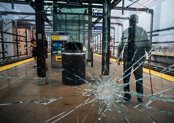 Signs of vandalism at the Blue Line Lake Street light-rail station in Minneapolis in June 2022.