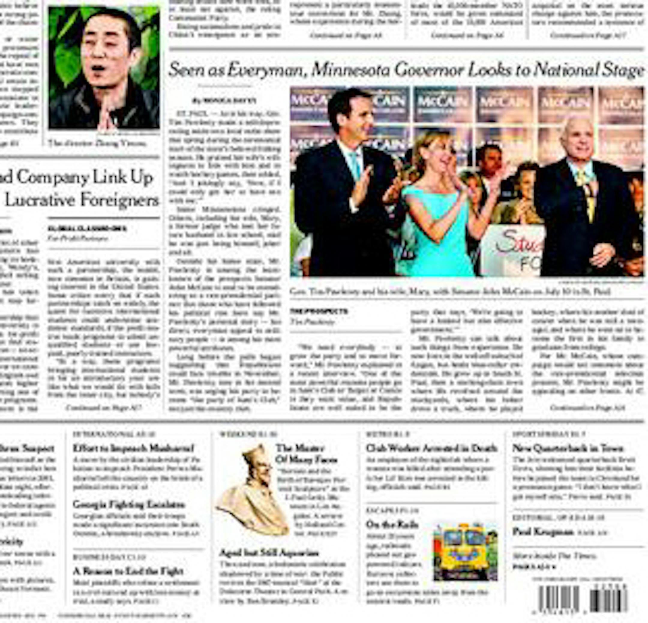 Minnesota Gov. Tim Pawlenty was profiled in the New York Times today.