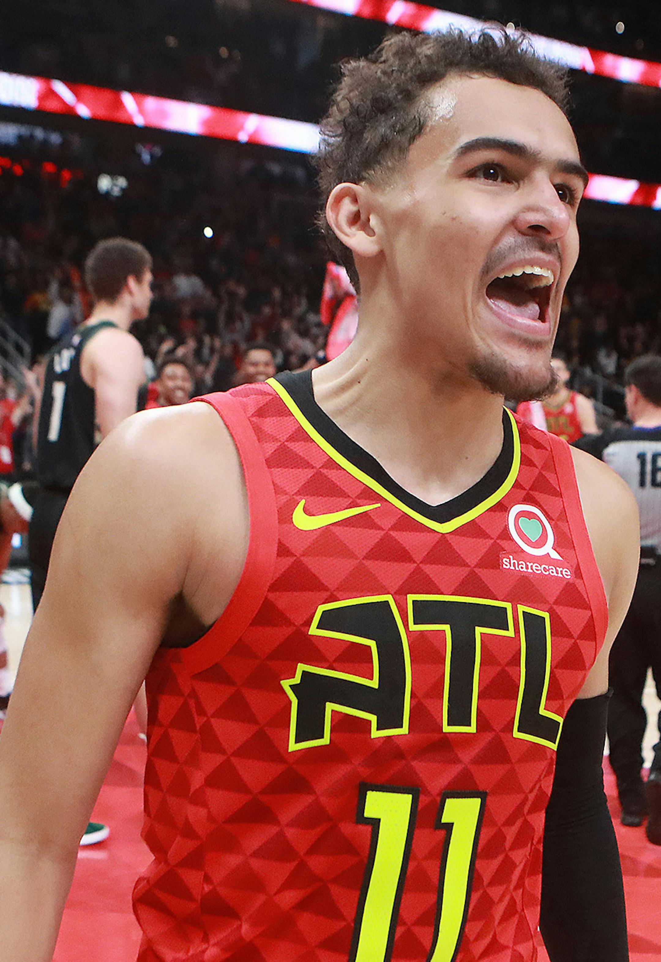 Atlanta Hawks guard Trae Young reacts to hitting the game-winning shot as time expired in overtime to beat the Milwaukee Bucks 136-135 on Sunday, March 31, 2019, in Atlanta, Ga. (Curtis Compton/Atlanta Journal-Constitution/TNS)