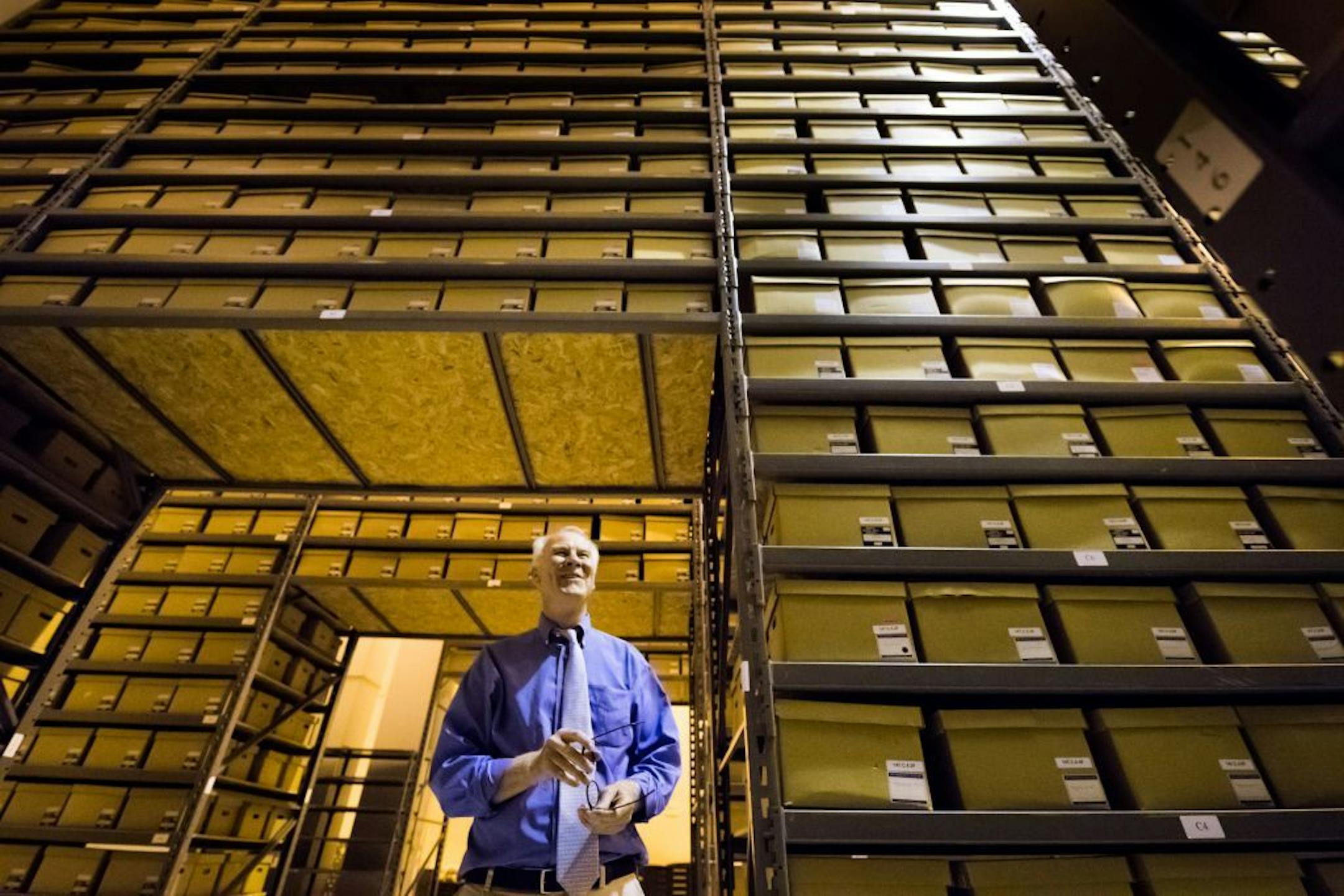 Patrick Coleman, senior curator, deep in the basement of the Minnesota History Center where documents are stored in temperature and humidity controlled areas.
