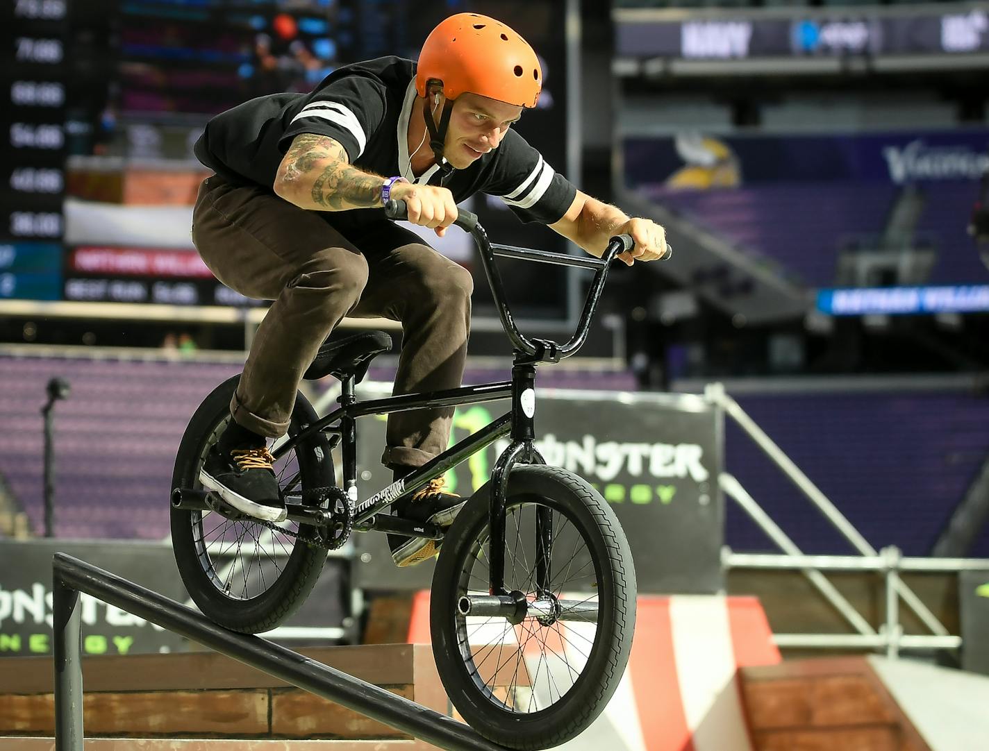 Nathan Williams found a narrow surface on which to ride down on during his second run in the BMX street finals Friday. ] AARON LAVINSKY &#xef; aaron.lavinsky@startribune.com The X Games were held Friday, July 14, 2017 at US Bank Stadium in Minneapolis, Minn.