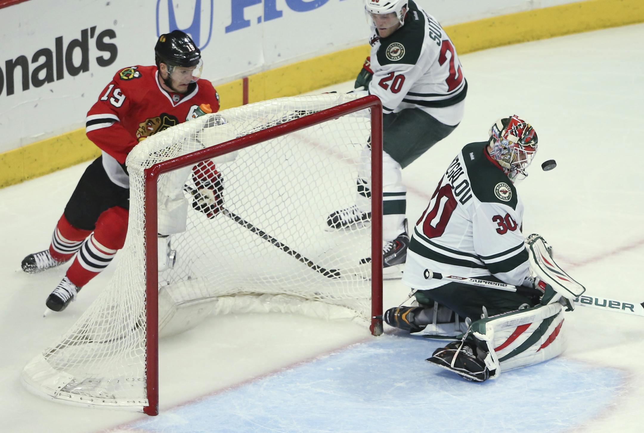 Minnesota Wild goalie Ilya Bryzgalov (30) makes a save during the third period of their game Sunday night at United Center in Chicago. ] JEFF WHEELER ‚Ä¢ jeff.wheeler@startribune.com The Minnesota Wild faced the Chicago Blackhawks in game 5 of their playoff series Sunday night, May 11, 2014 at United Center in Chicago.