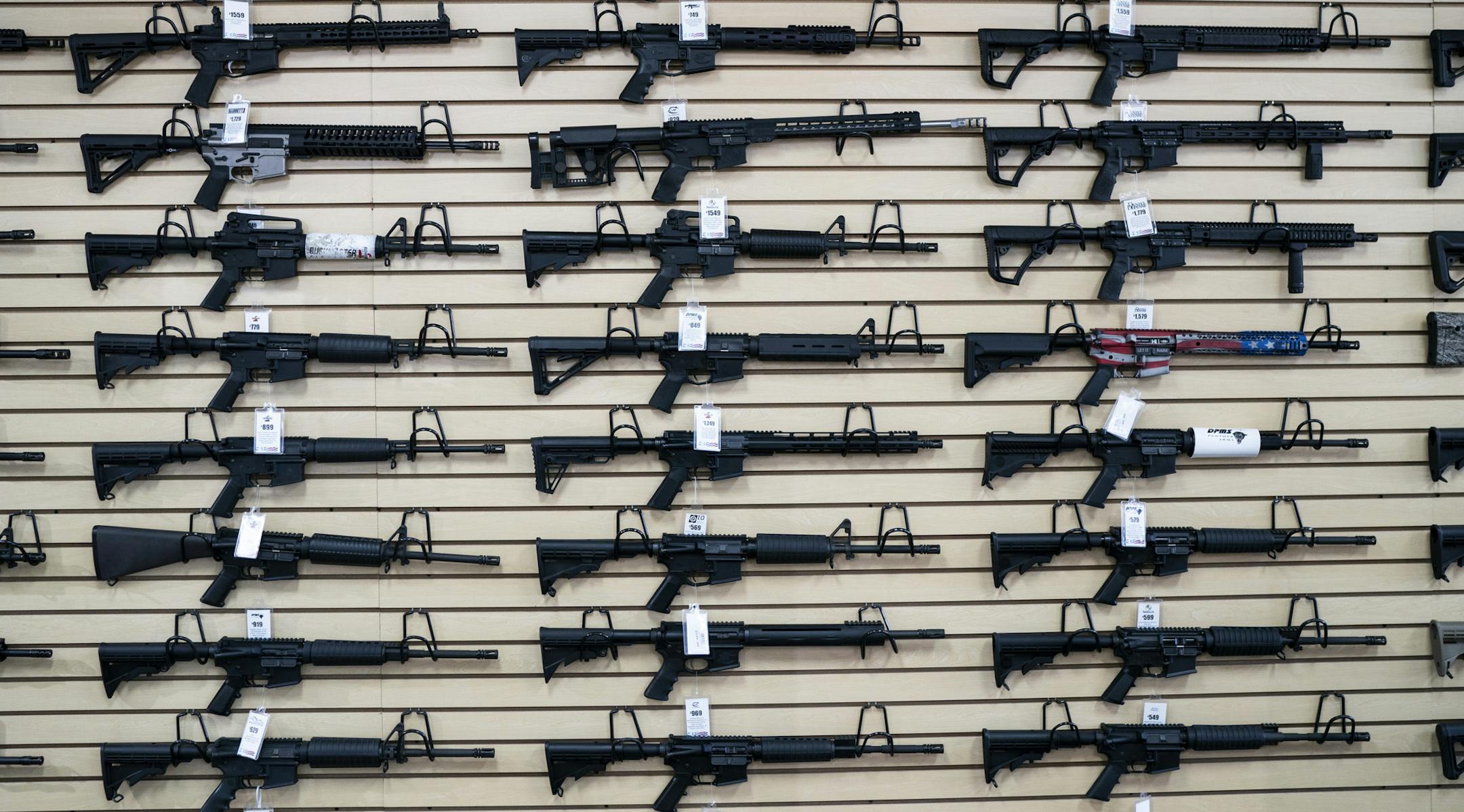 Semi-automatic rifles, including some AR-15s, on display at Bill's Gun Shop in Robbinsdale, Minn., on Tuesday, August 6, 2019. T ] RENEE JONES SCHNEIDER ¥ renee.jones@startribune.com