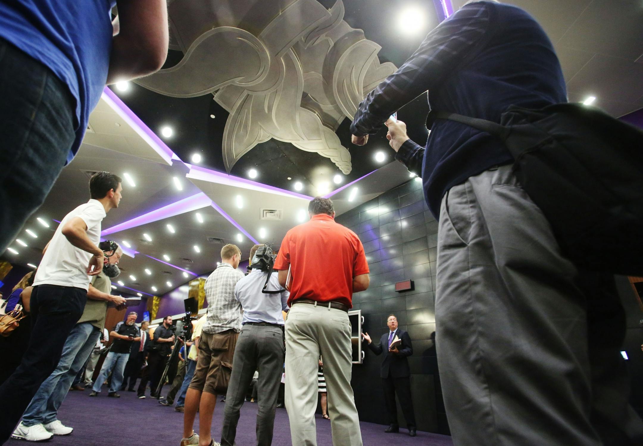 The Vikings Lester Bagley, executive vice president of public affairs and stadium development, spoke to those gathered in the Vikings dressing room during a media tour Tuesday, July 19, 2016, at U.S. Bank Stadium in Minneapolis, MN.
