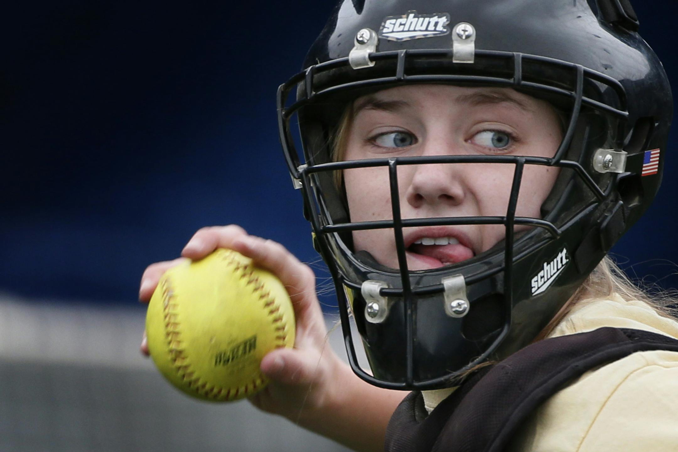 Jordan Mauch catcher for Maple Grove worked on infield drills during softball practice at Maple Grove high Tuesday April 8, 2014 in Maple Grove , MN. ]JERRY HOLT jerry.holt@startribune.com