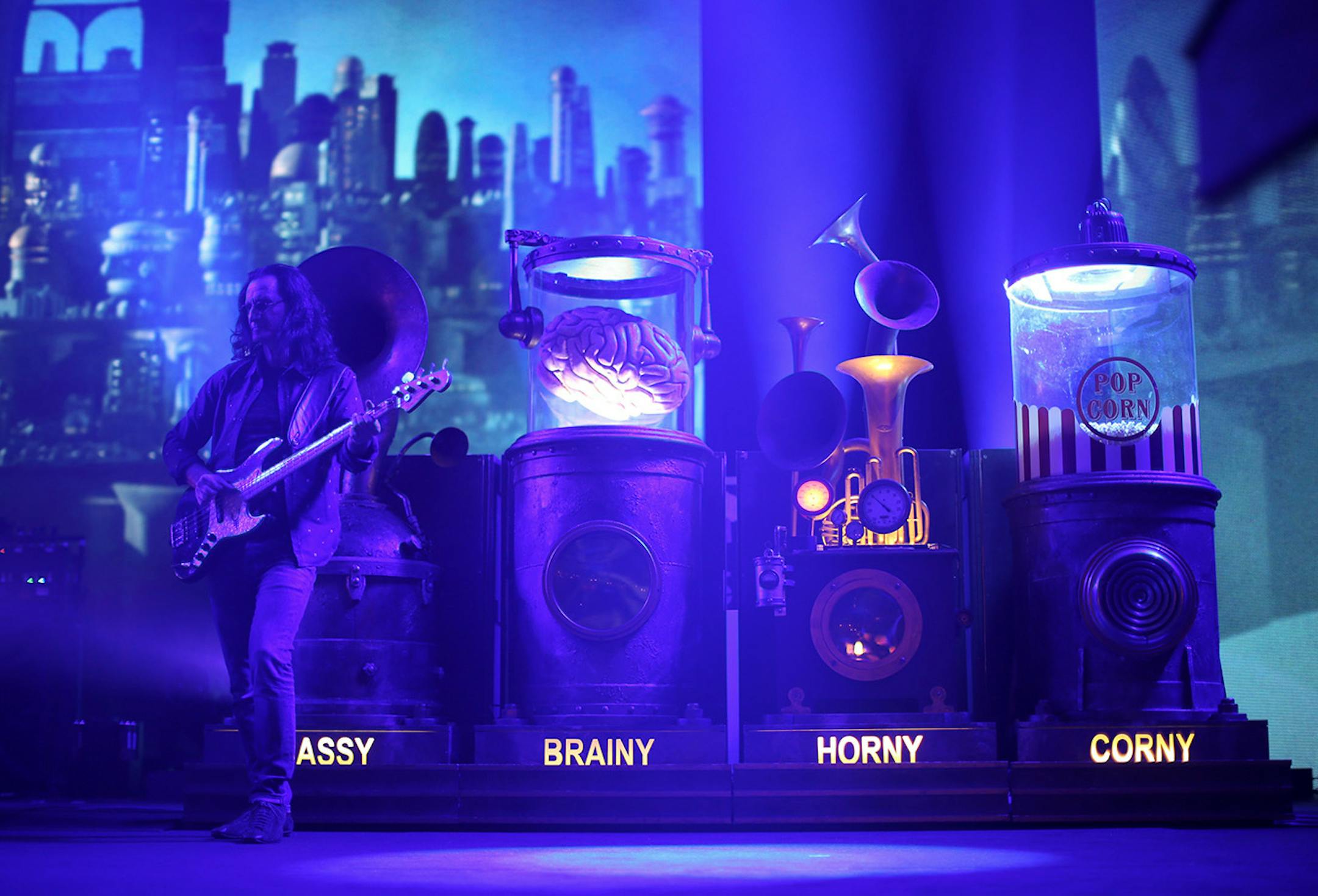 Rush bassist Geddy Lee stood near the steampunk stage accoutrements early in their show Tuesday night. ] JEFF WHEELER ï jeff.wheeler@startribune.com Canadian rock gods Rush performed at Xcel Energy Center in St. Paul, Tuesday night, May 12, 2015.