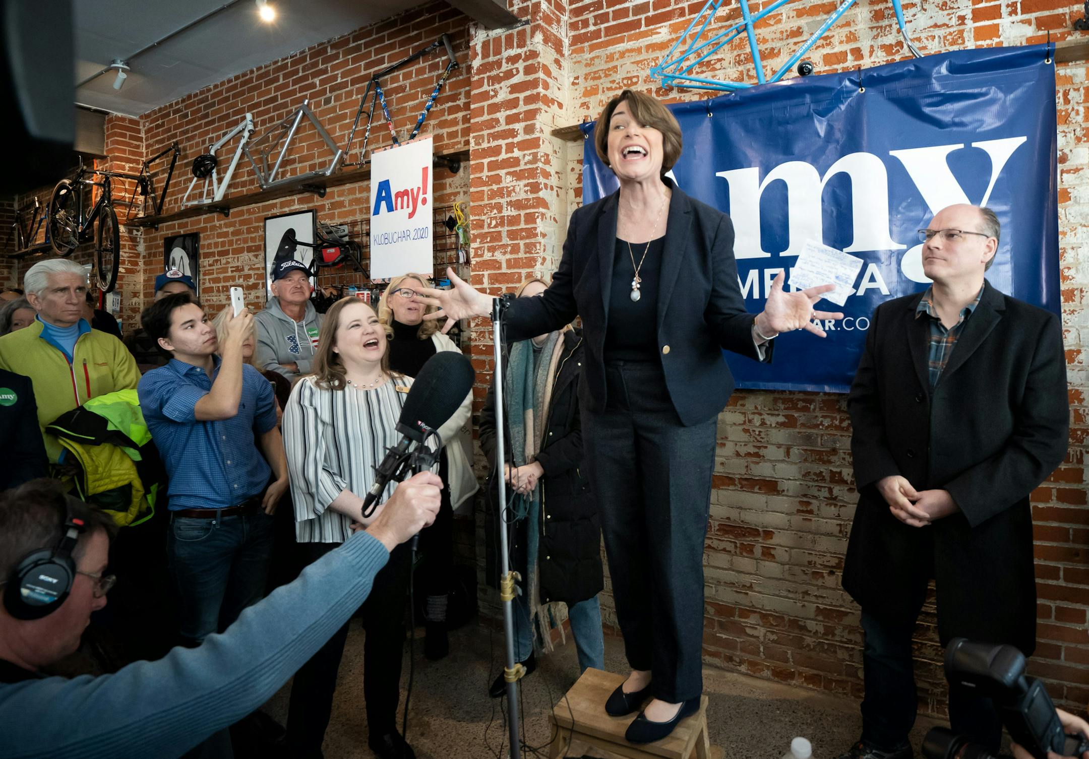 Joined by daughter Abigail and husband John, Sen. Amy Klobuchar made her first campaign appearance as a presidential candidate Saturday in Eau Claire, Wis.