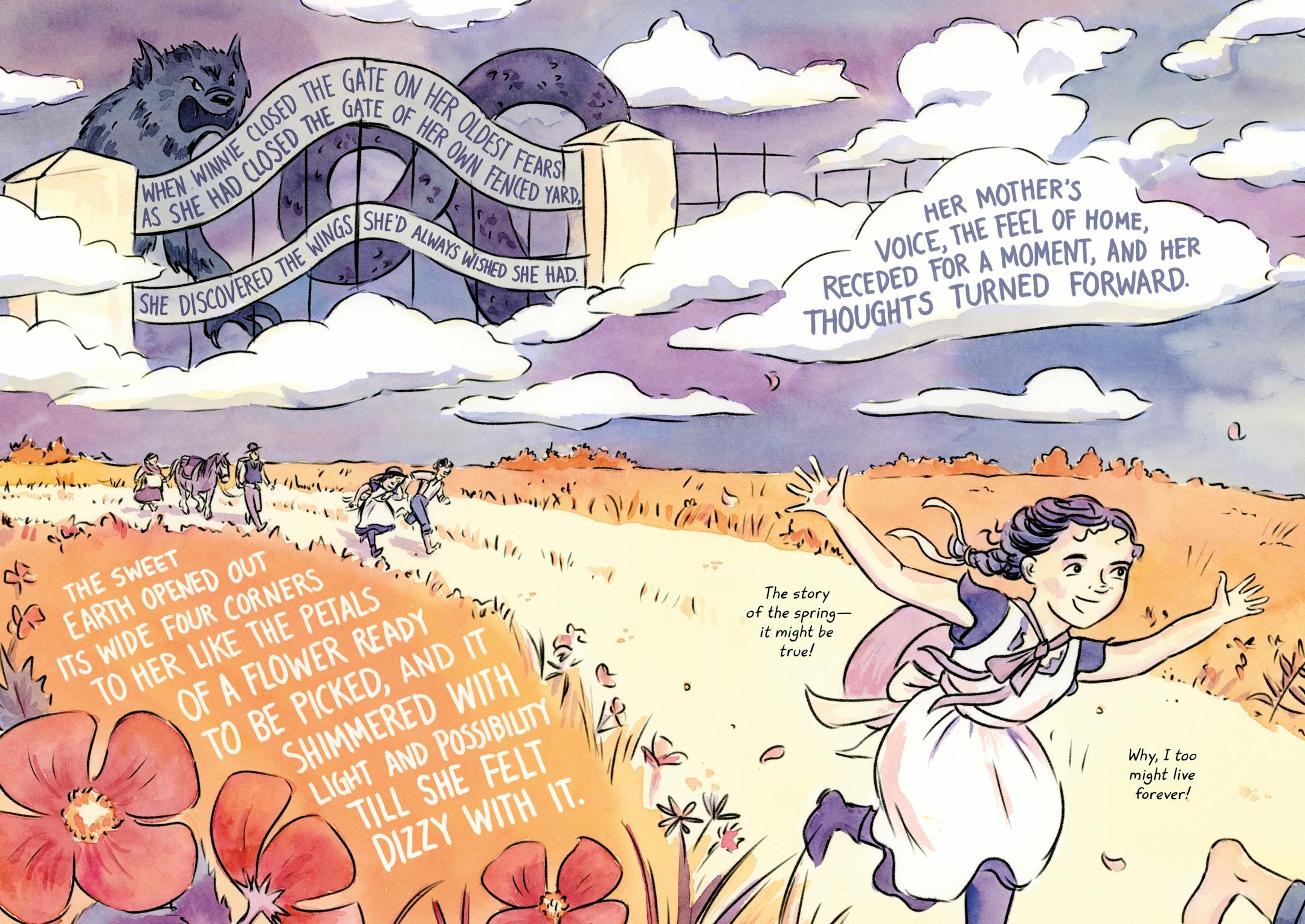 purple and orange watercolor shows a girl running down a country road in the late 19th century, followed by a family with a horse