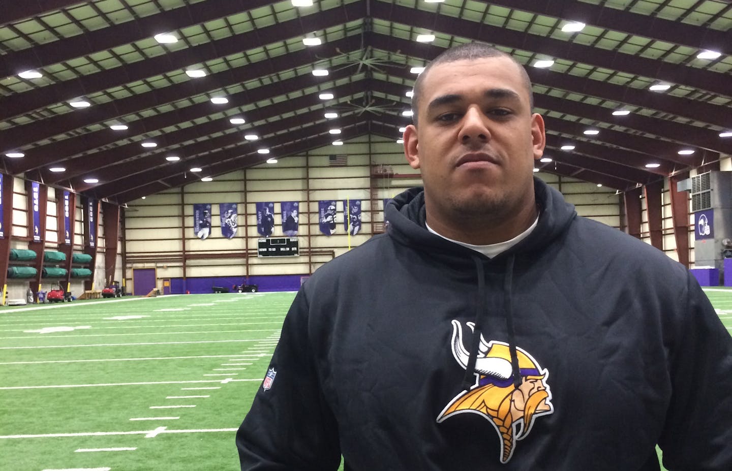 New Vikings offensive lineman Babatunde Aiyegbusi, a 6-9, 351-pound native of Poland